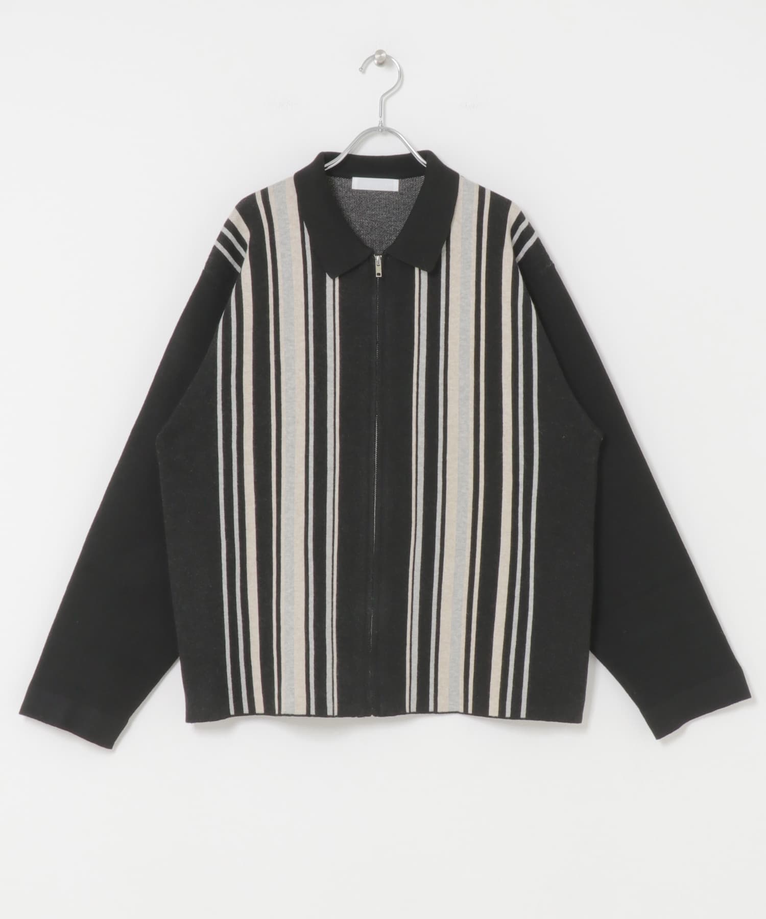 ストライプZIPニットシャツ BLACK M