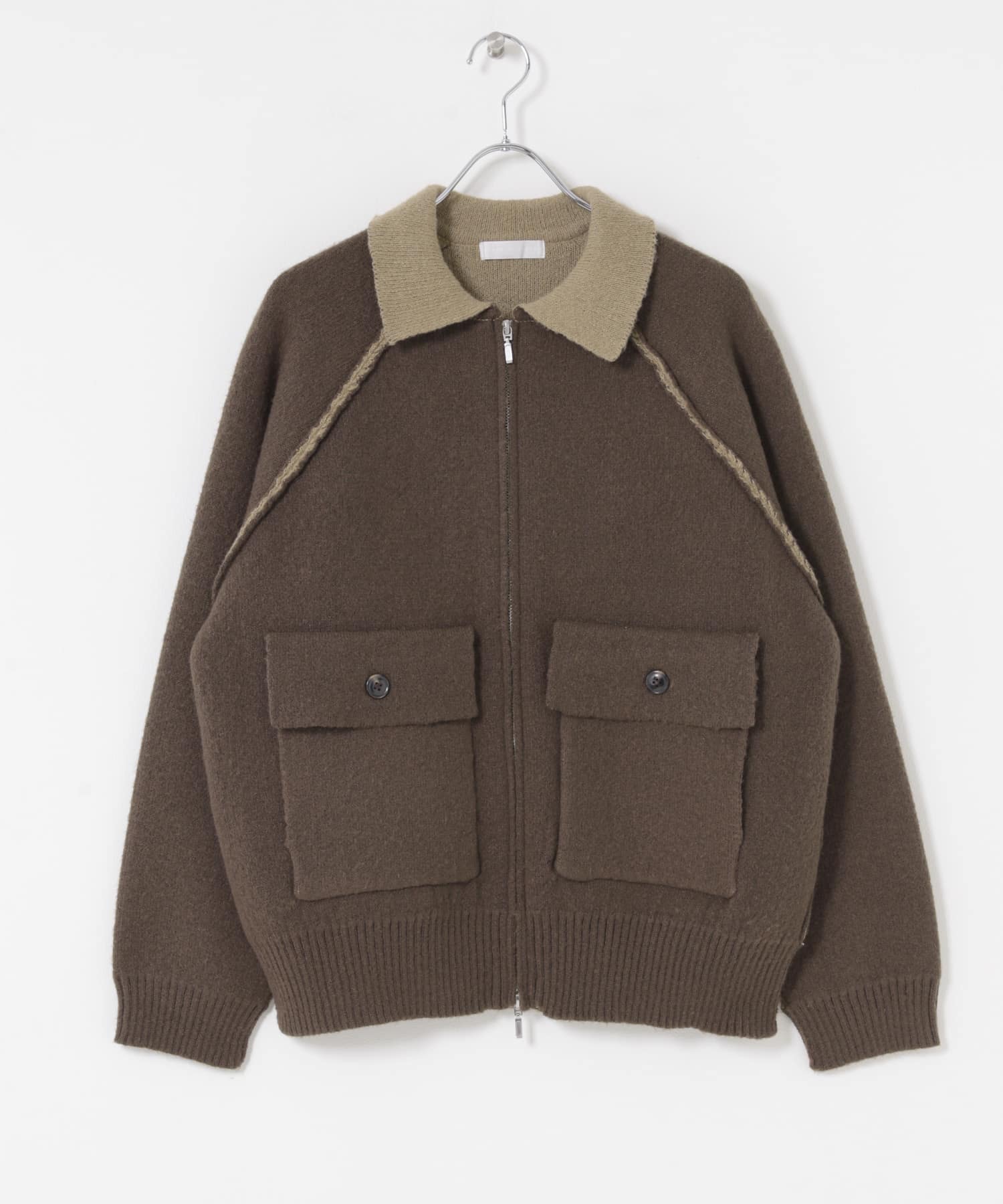 バイカラーニットジップブルゾン BROWN M