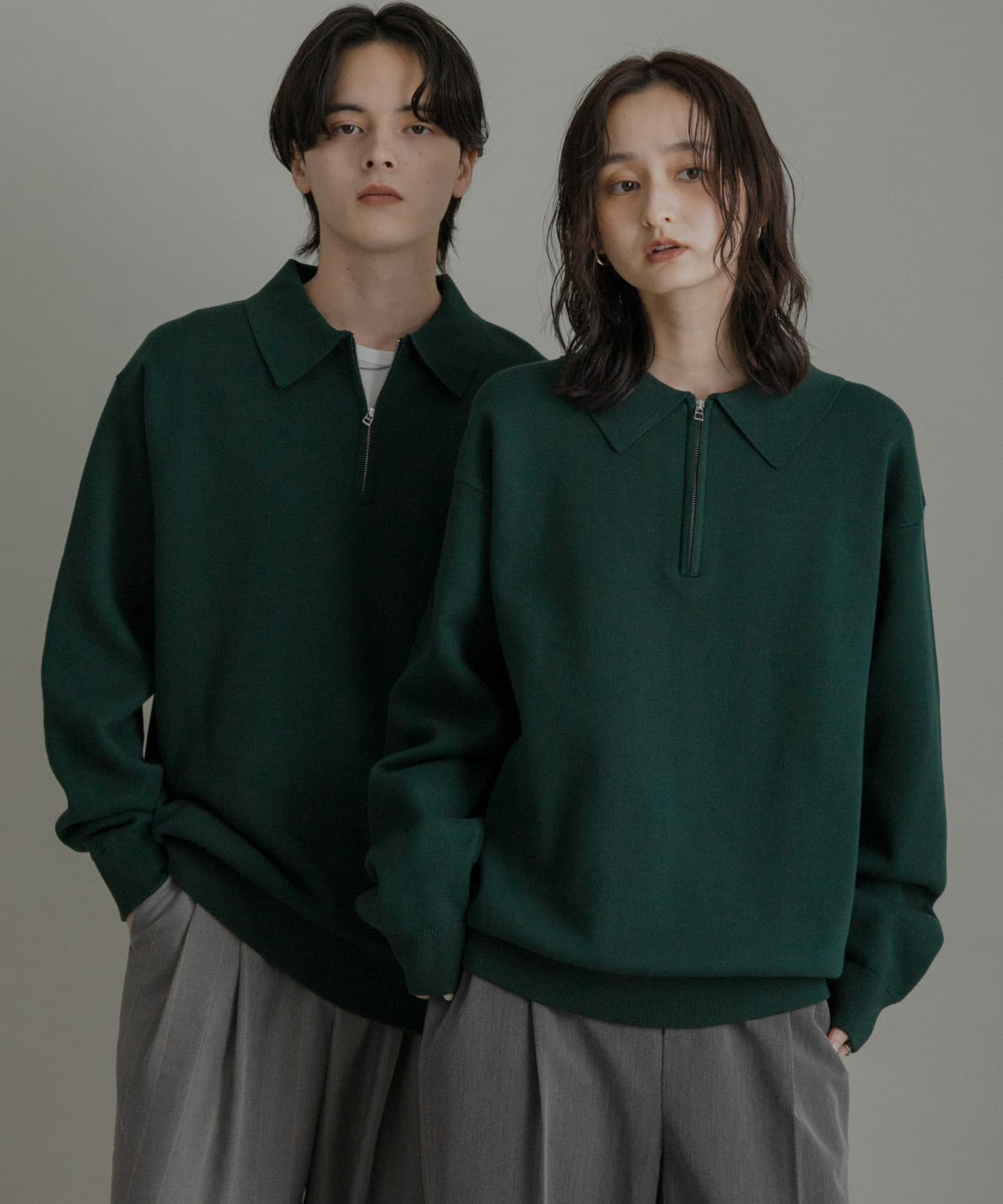 『ユニセックス』スウェットライクハーフジップニット