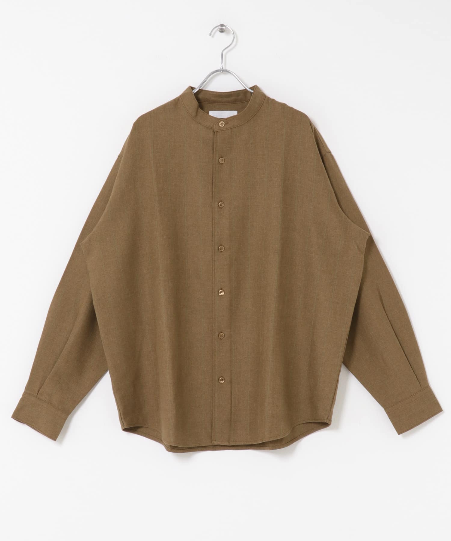 ウールタッチストライプバンドカラーシャツ BROWN M