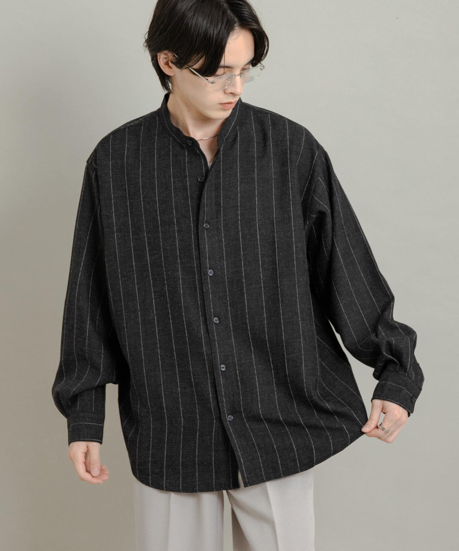 ウールタッチストライプバンドカラーシャツ(M BROWN): トップス｜URBAN