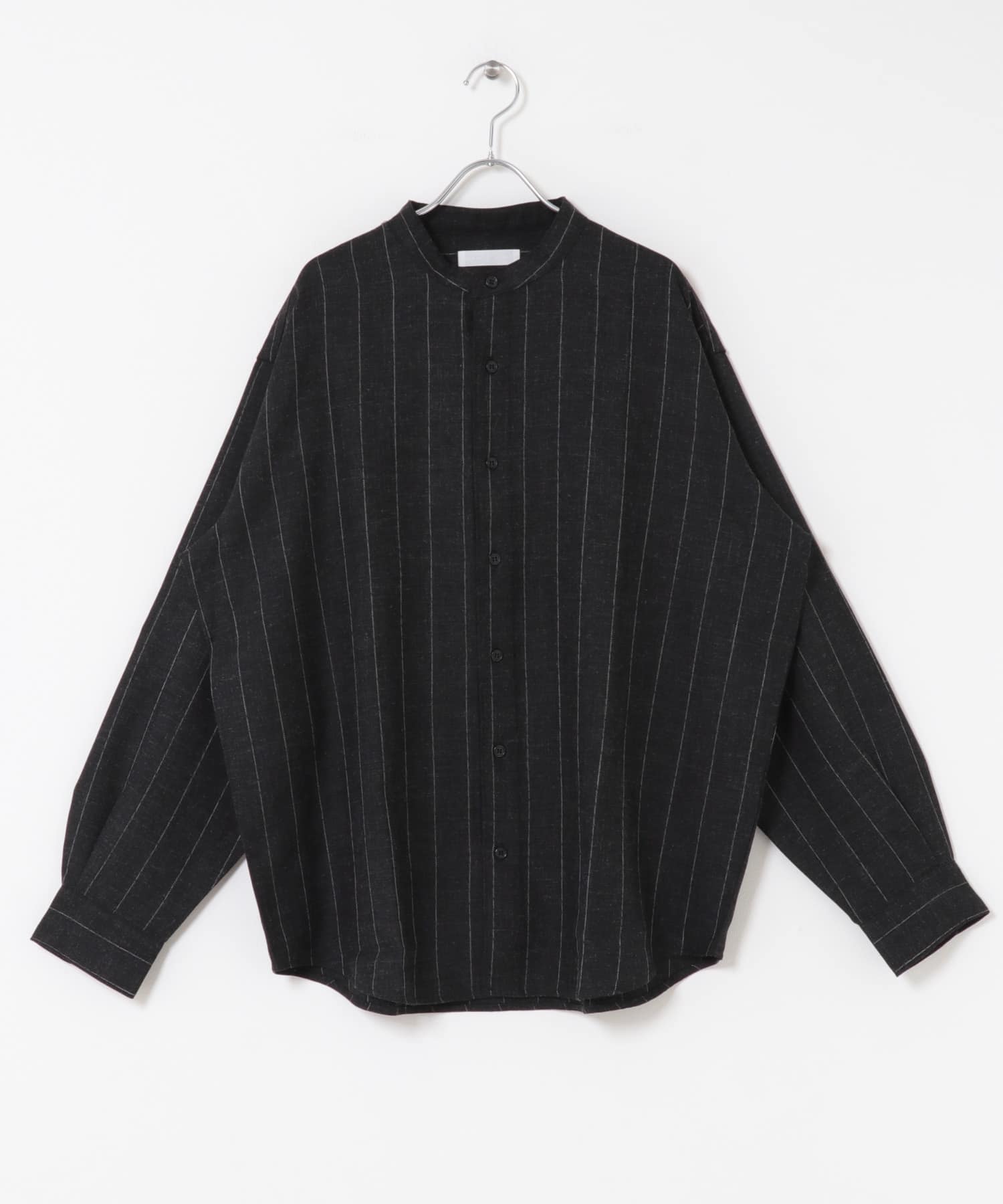 ウールタッチストライプバンドカラーシャツ BLACK M