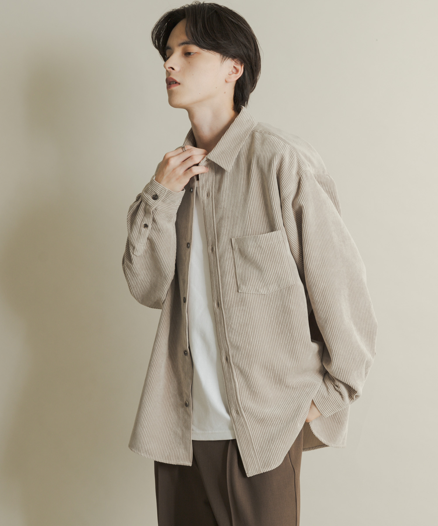 『ユニセックス』ウォッシュドコーデュロイロングスリーブシャツ GREIGE L