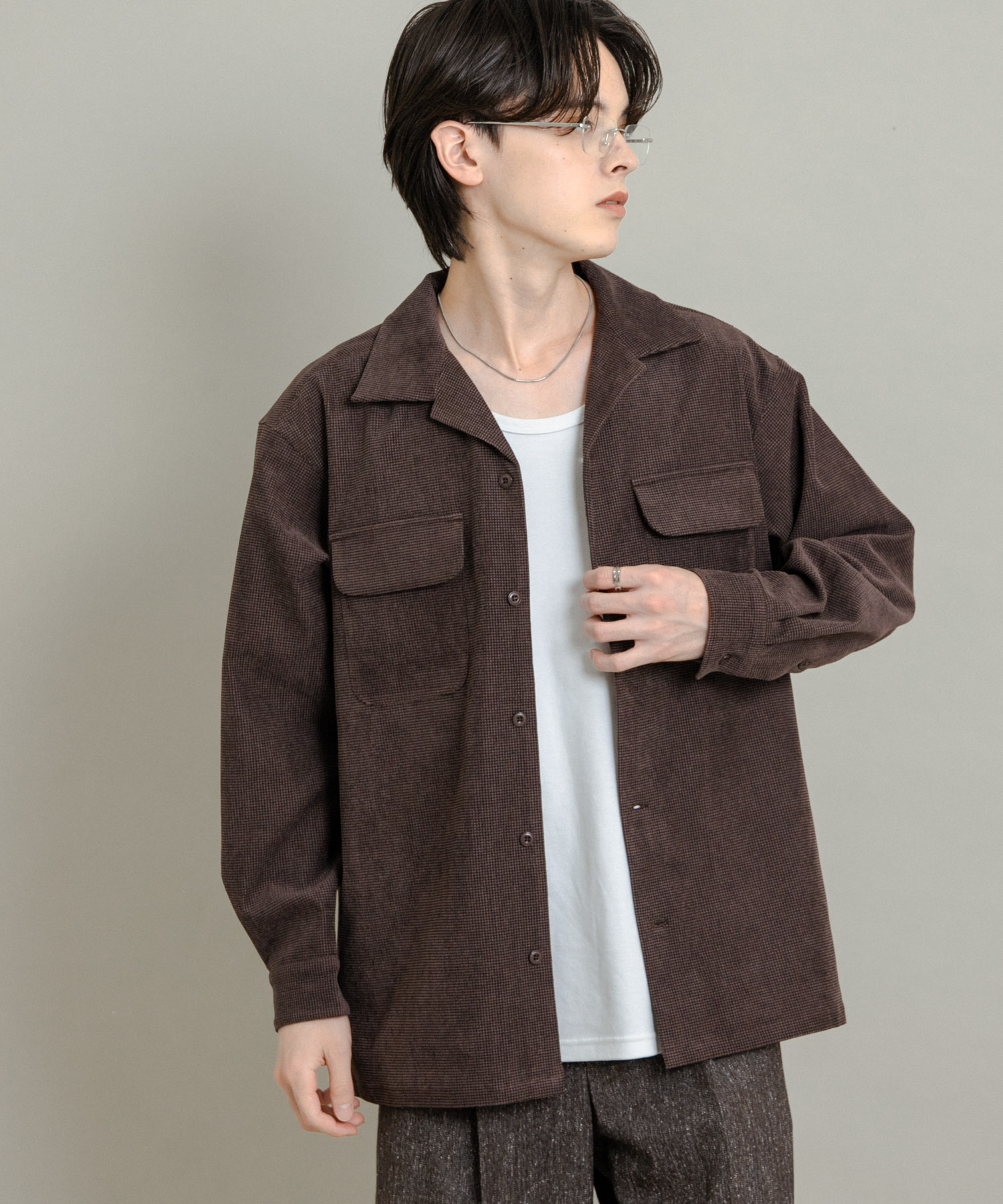 ブロックコーデュロイオープンカラーシャツ BROWN M