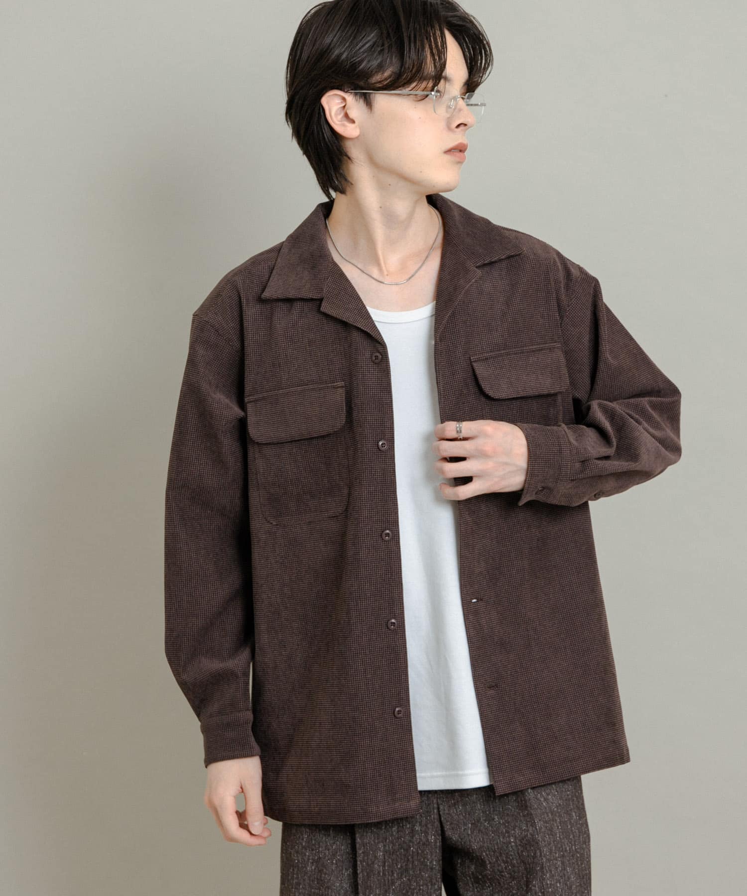 ブロックコーデュロイオープンカラーシャツ BROWN M