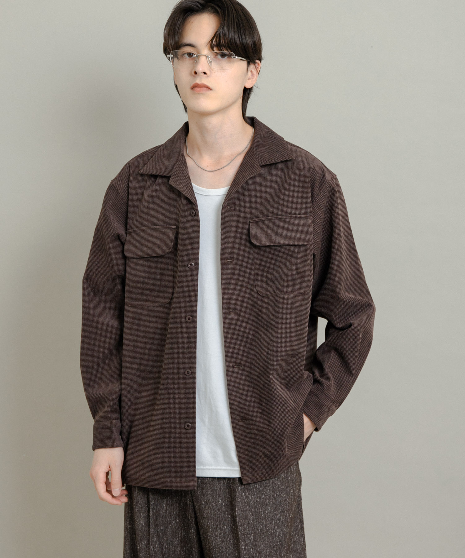 ブロックコーデュロイオープンカラーシャツ BROWN M