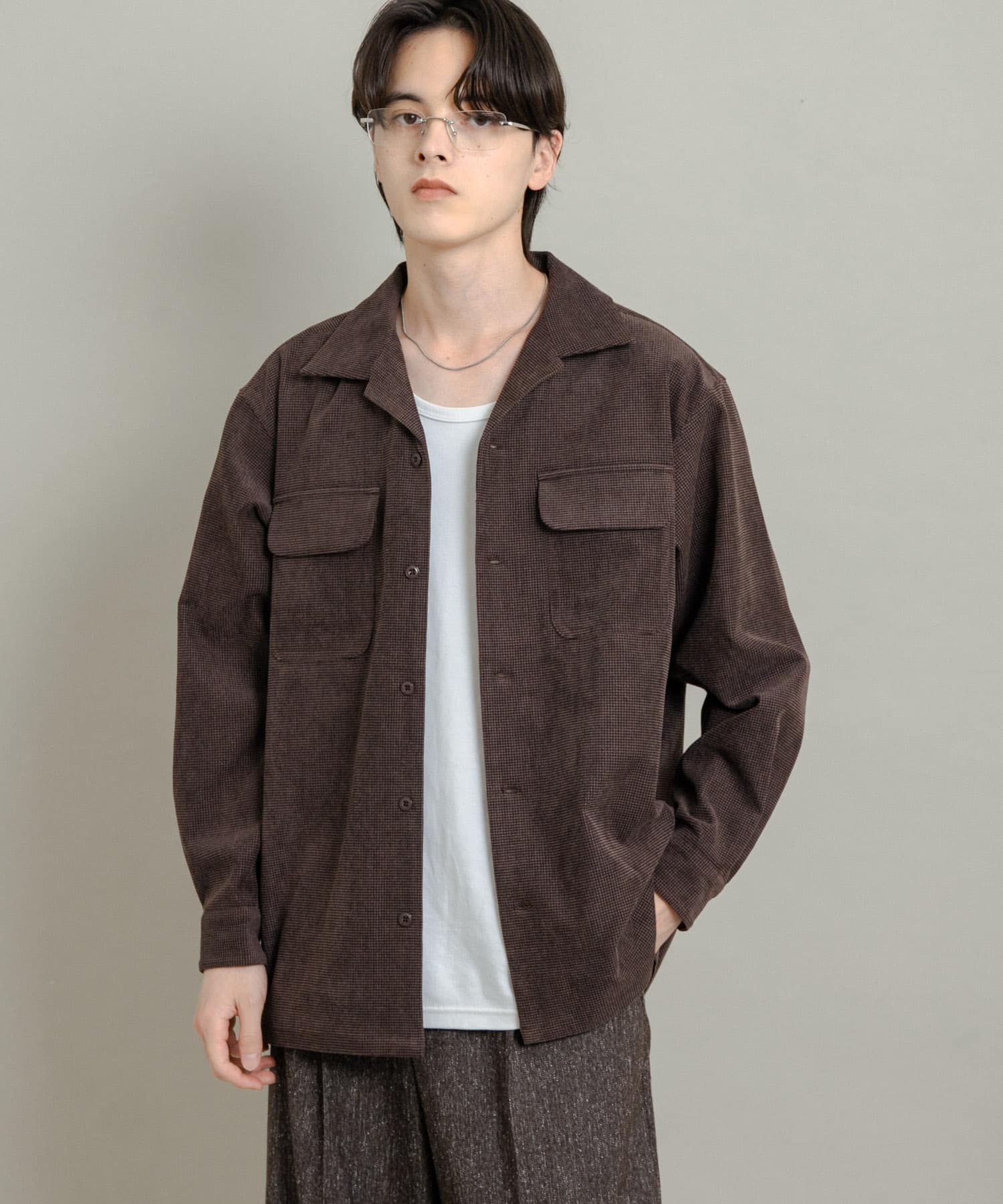 ブロックコーデュロイオープンカラーシャツ BROWN M