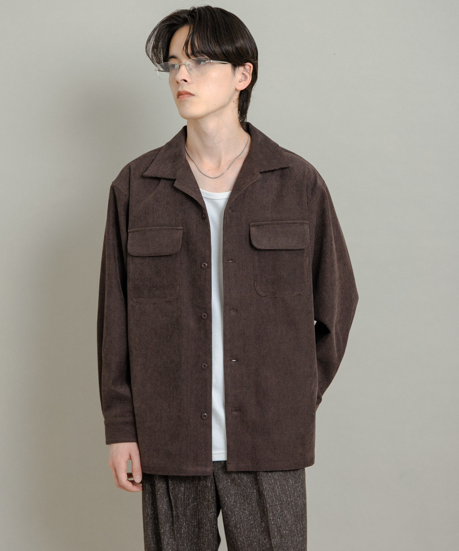 ブロックコーデュロイオープンカラーシャツ BROWN M