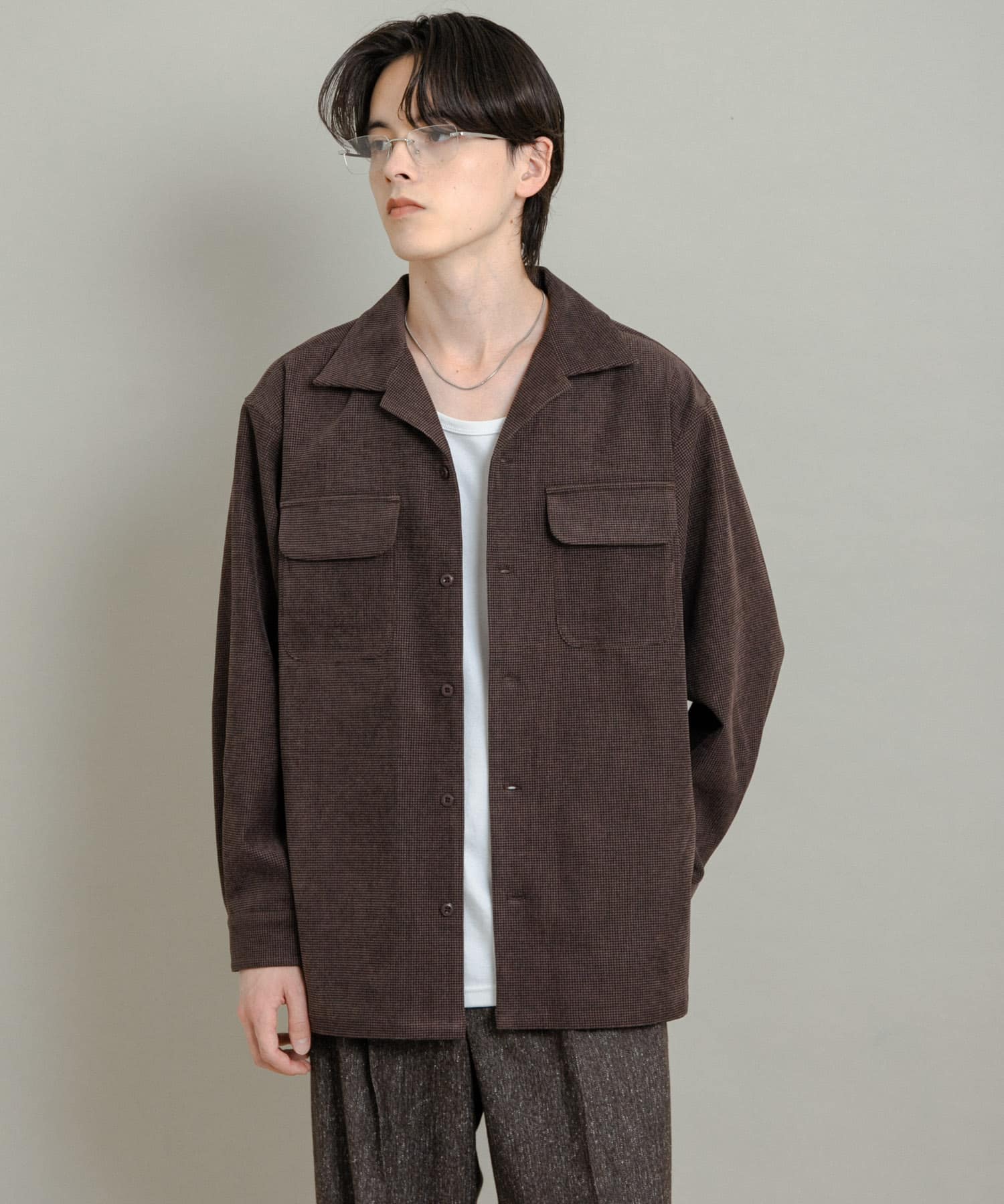 ブロックコーデュロイオープンカラーシャツ BROWN M