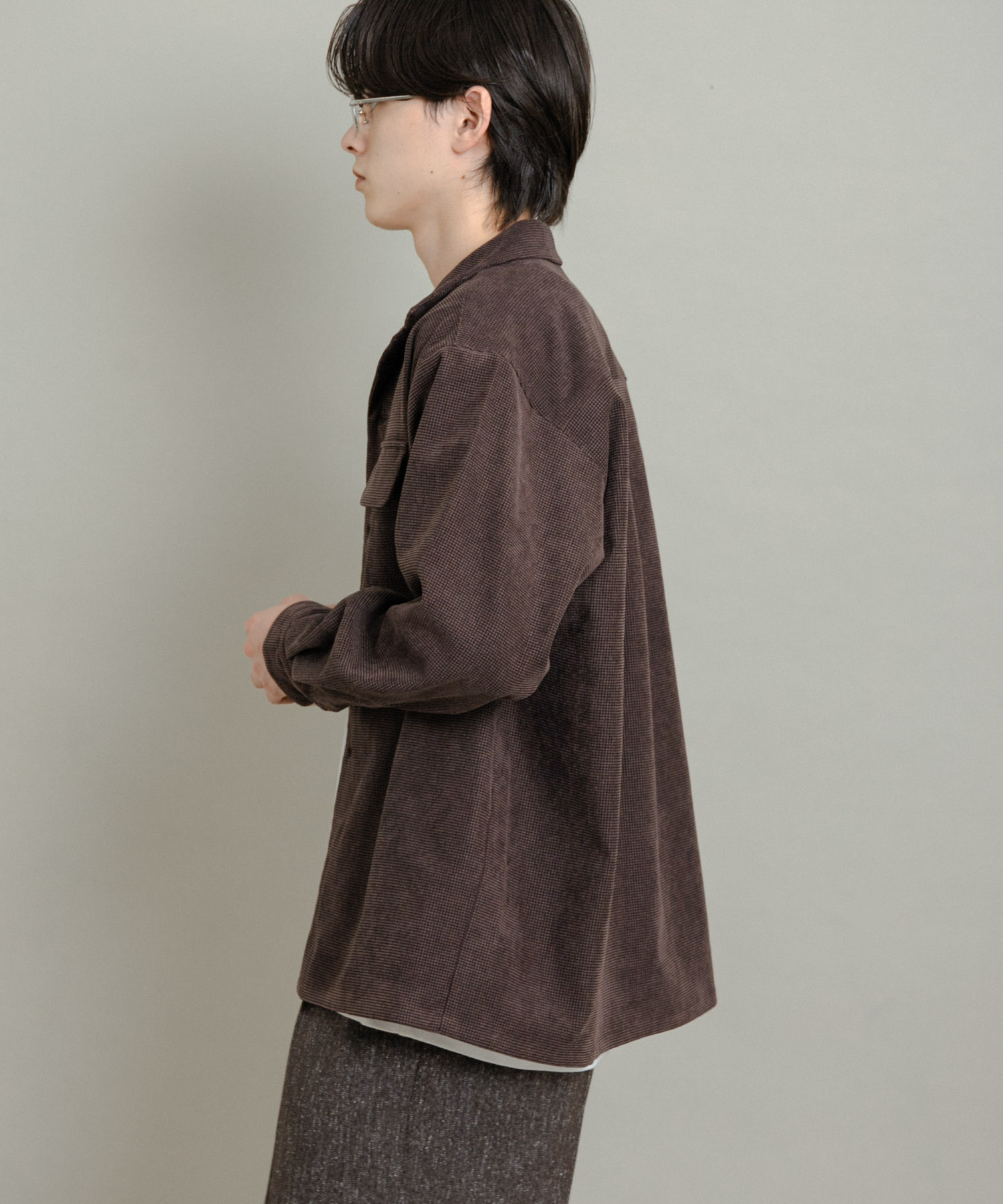 ブロックコーデュロイオープンカラーシャツ BROWN M