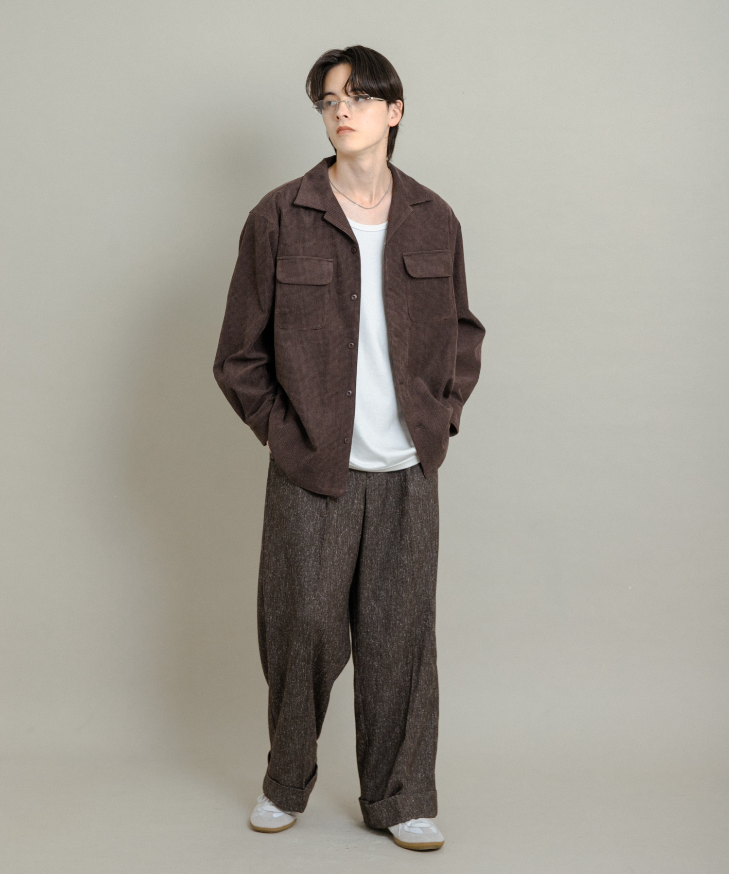 ブロックコーデュロイオープンカラーシャツ BROWN M