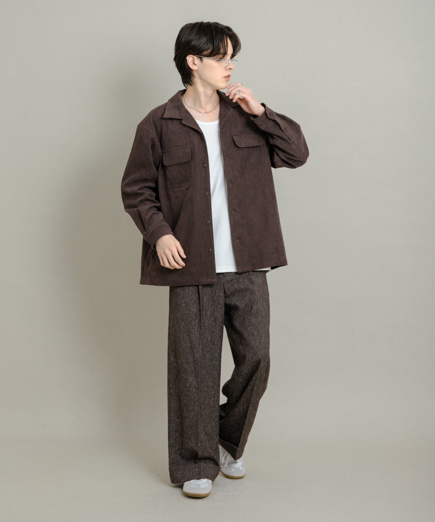 ブロックコーデュロイオープンカラーシャツ BROWN M