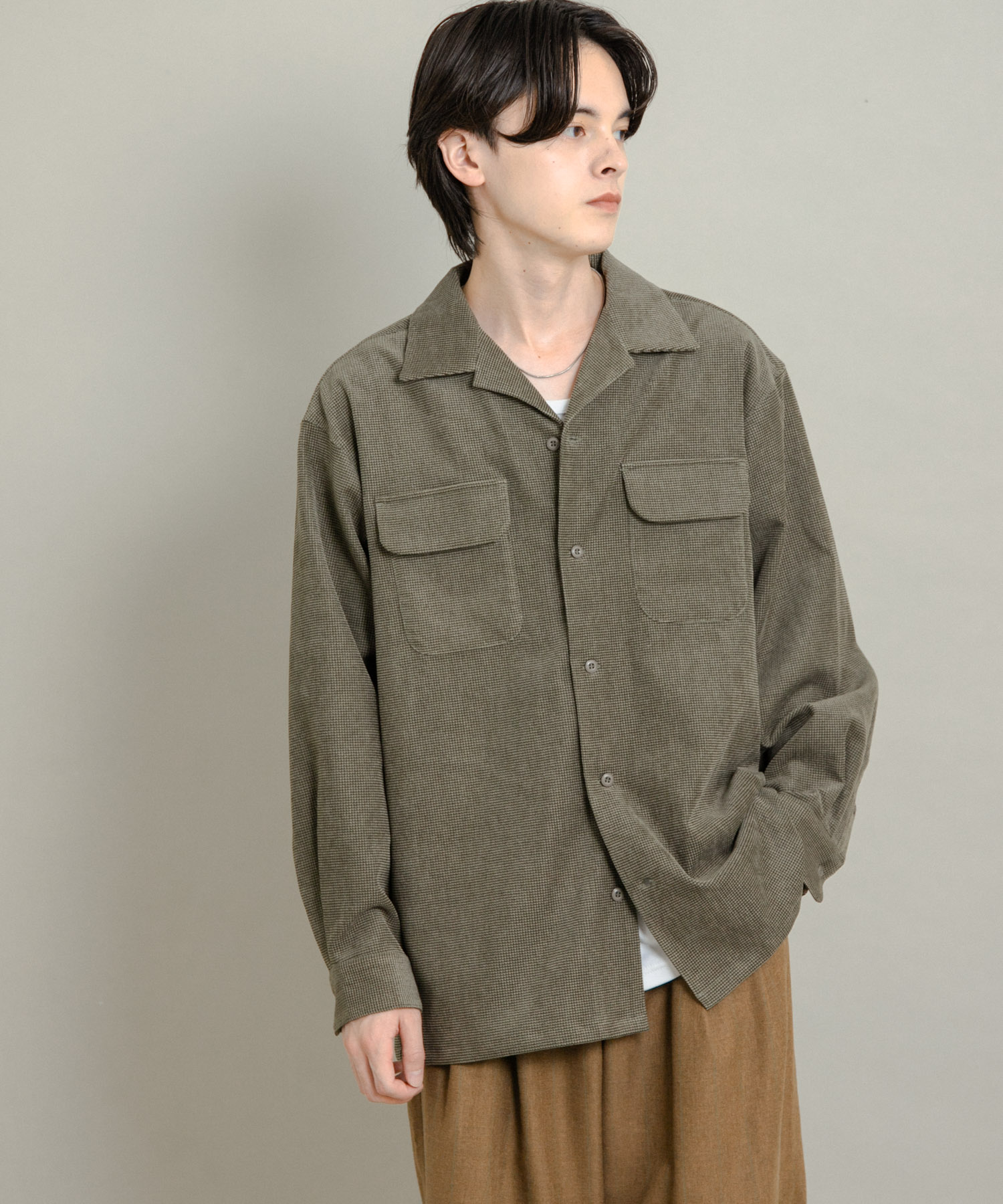 ブロックコーデュロイオープンカラーシャツ KHAKI M