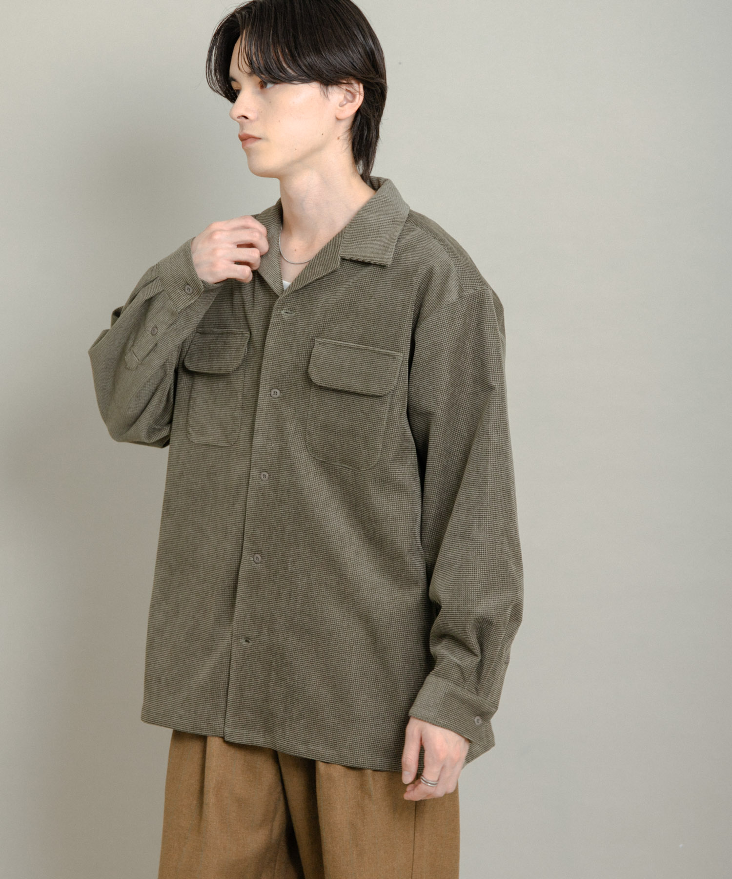 ブロックコーデュロイオープンカラーシャツ KHAKI M