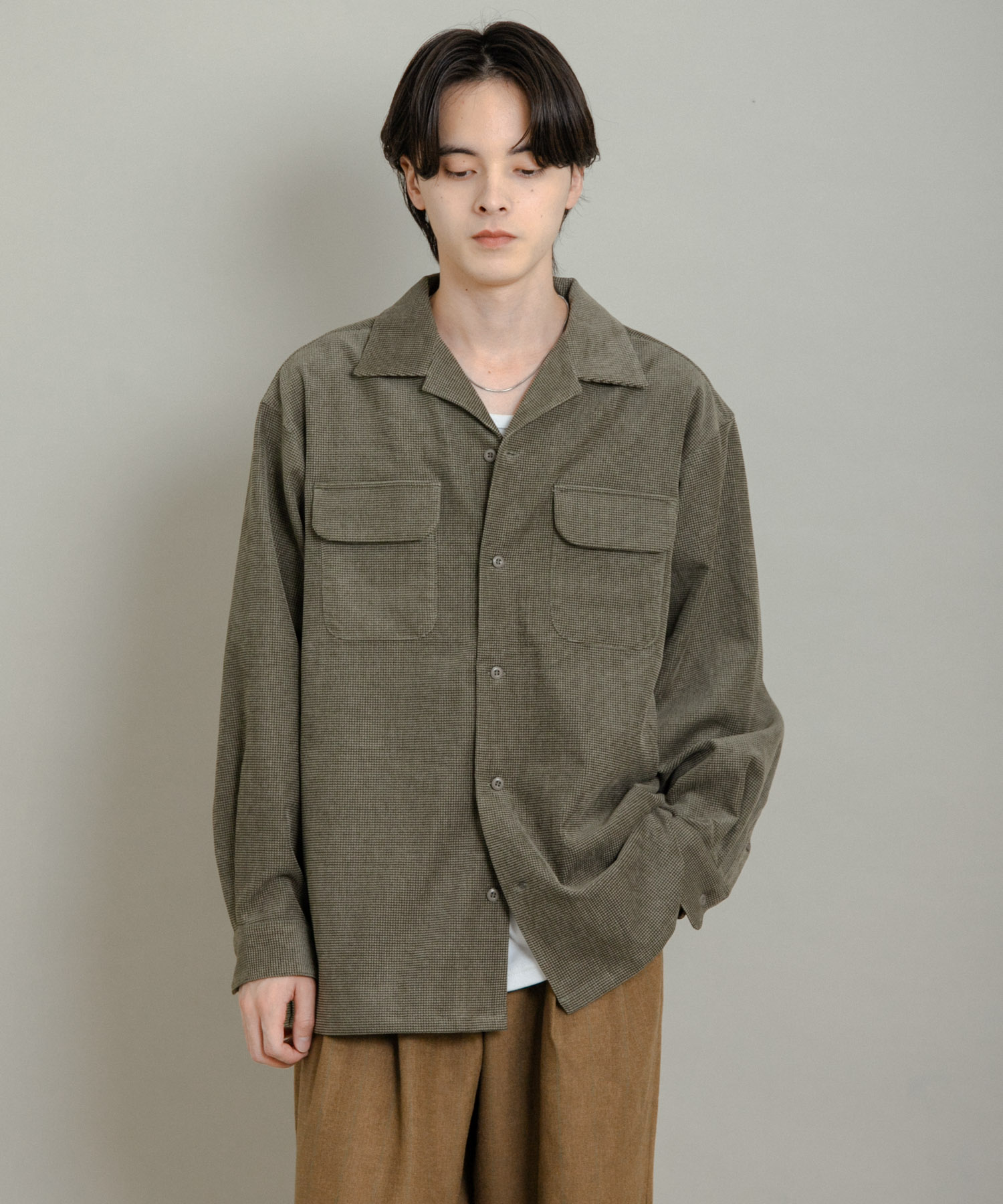 ブロックコーデュロイオープンカラーシャツ KHAKI M