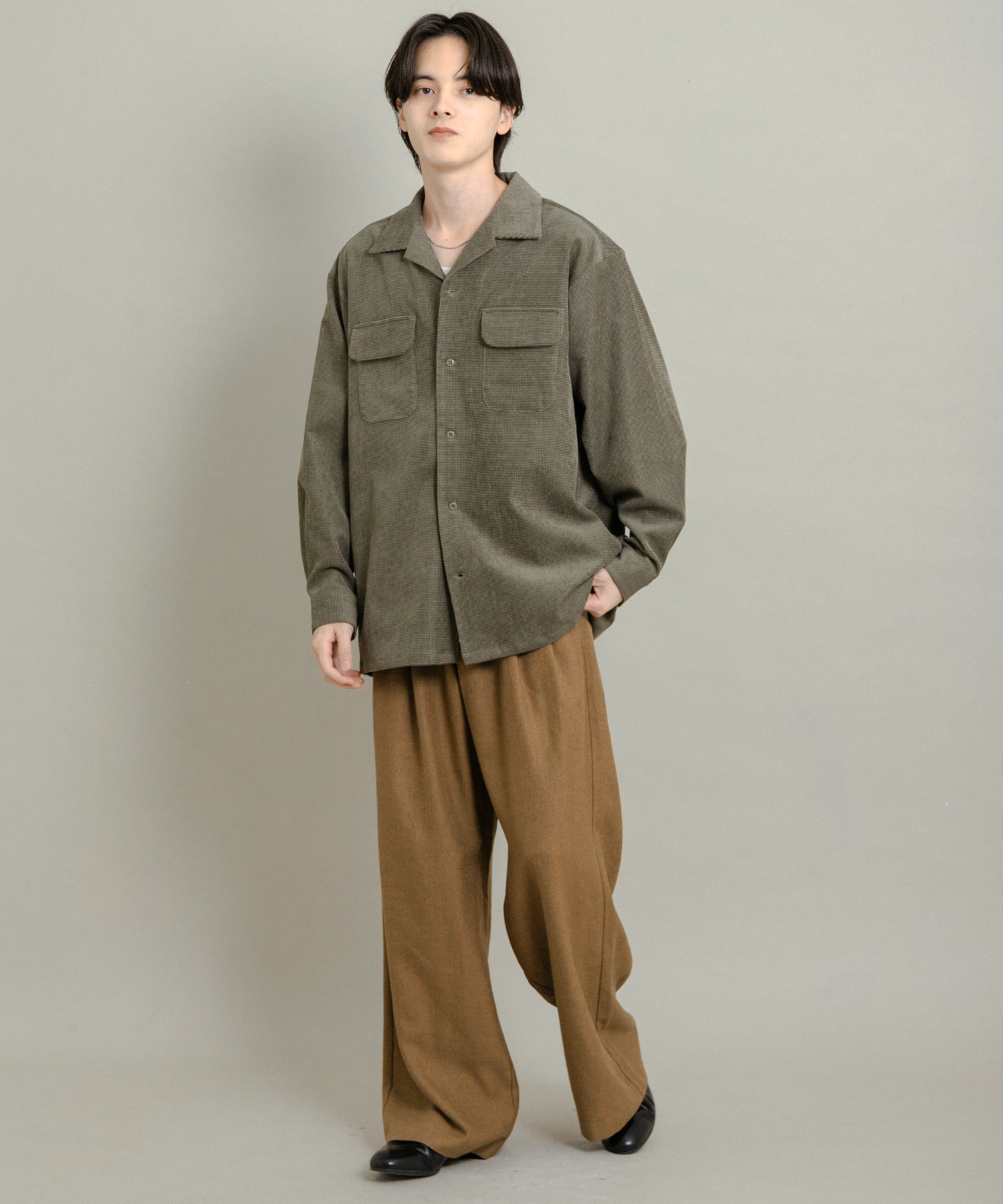 ブロックコーデュロイオープンカラーシャツ KHAKI M