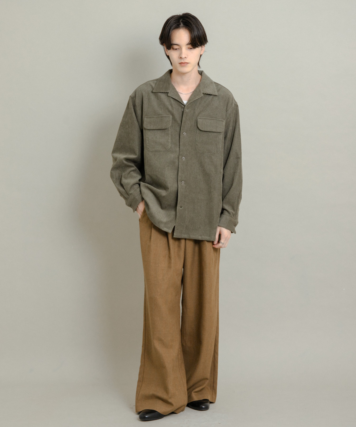 ブロックコーデュロイオープンカラーシャツ KHAKI M