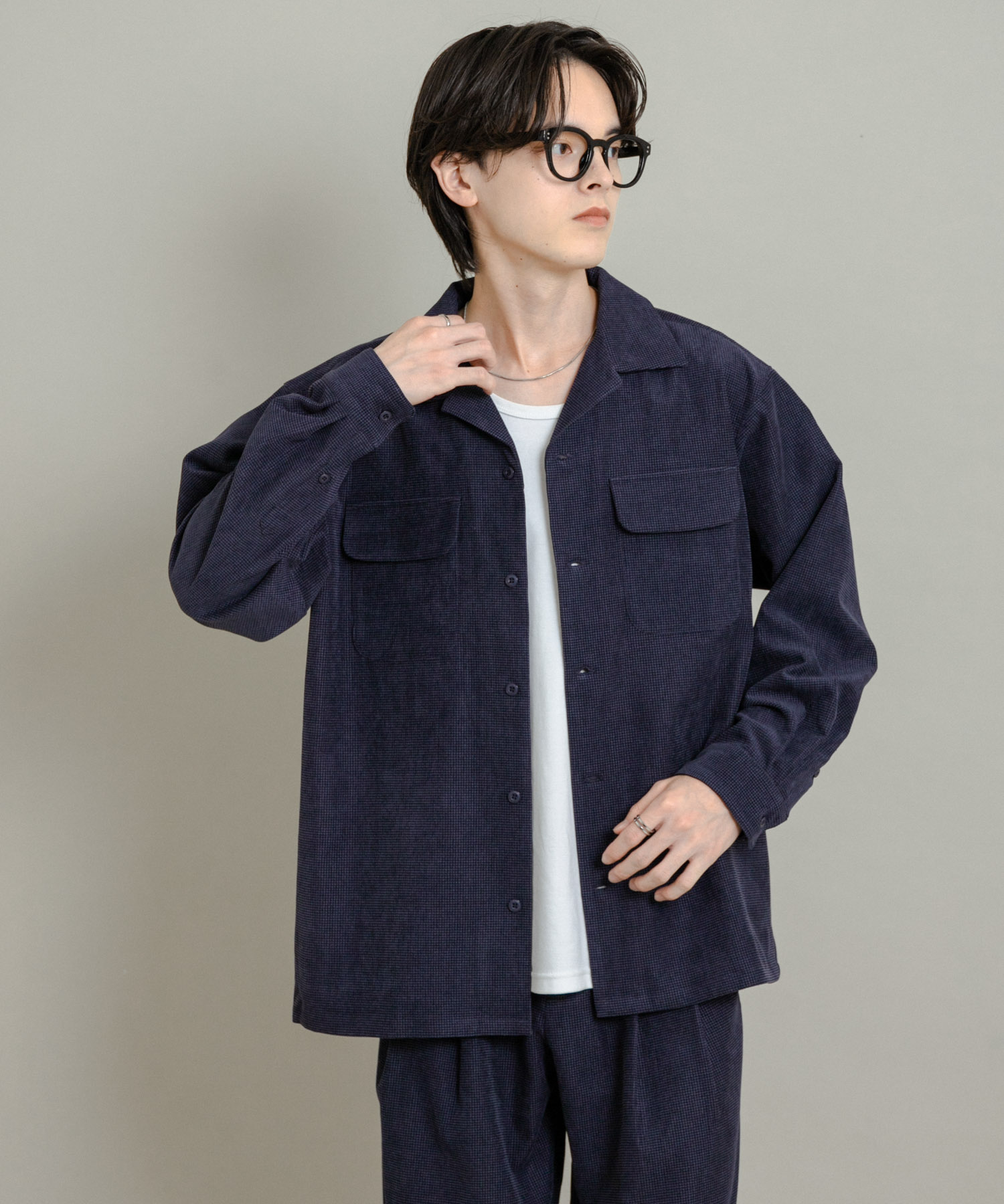 ブロックコーデュロイオープンカラーシャツ NAVY M