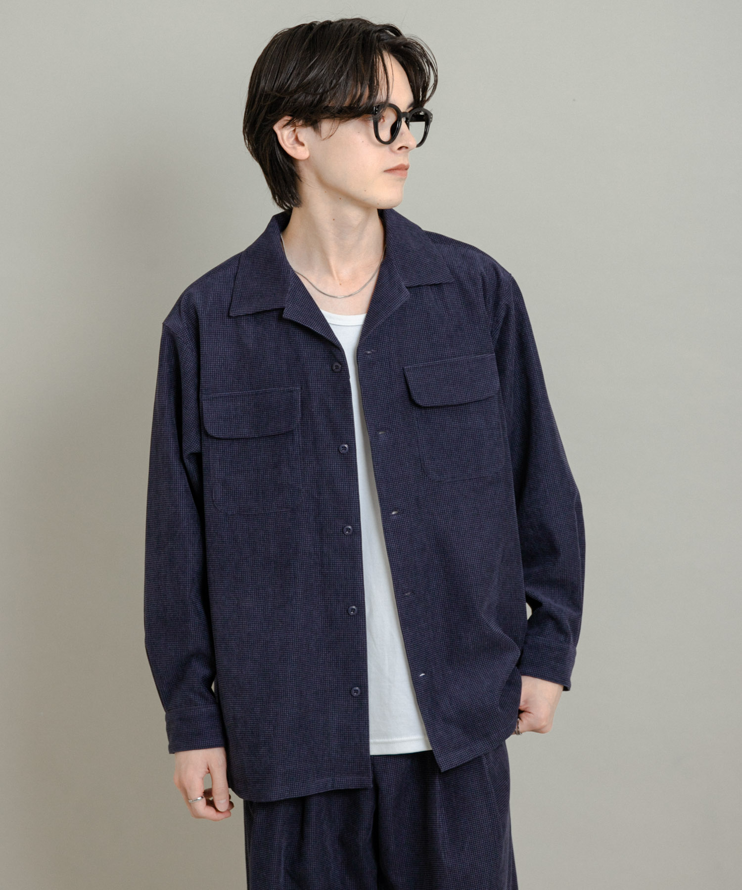 ブロックコーデュロイオープンカラーシャツ NAVY M