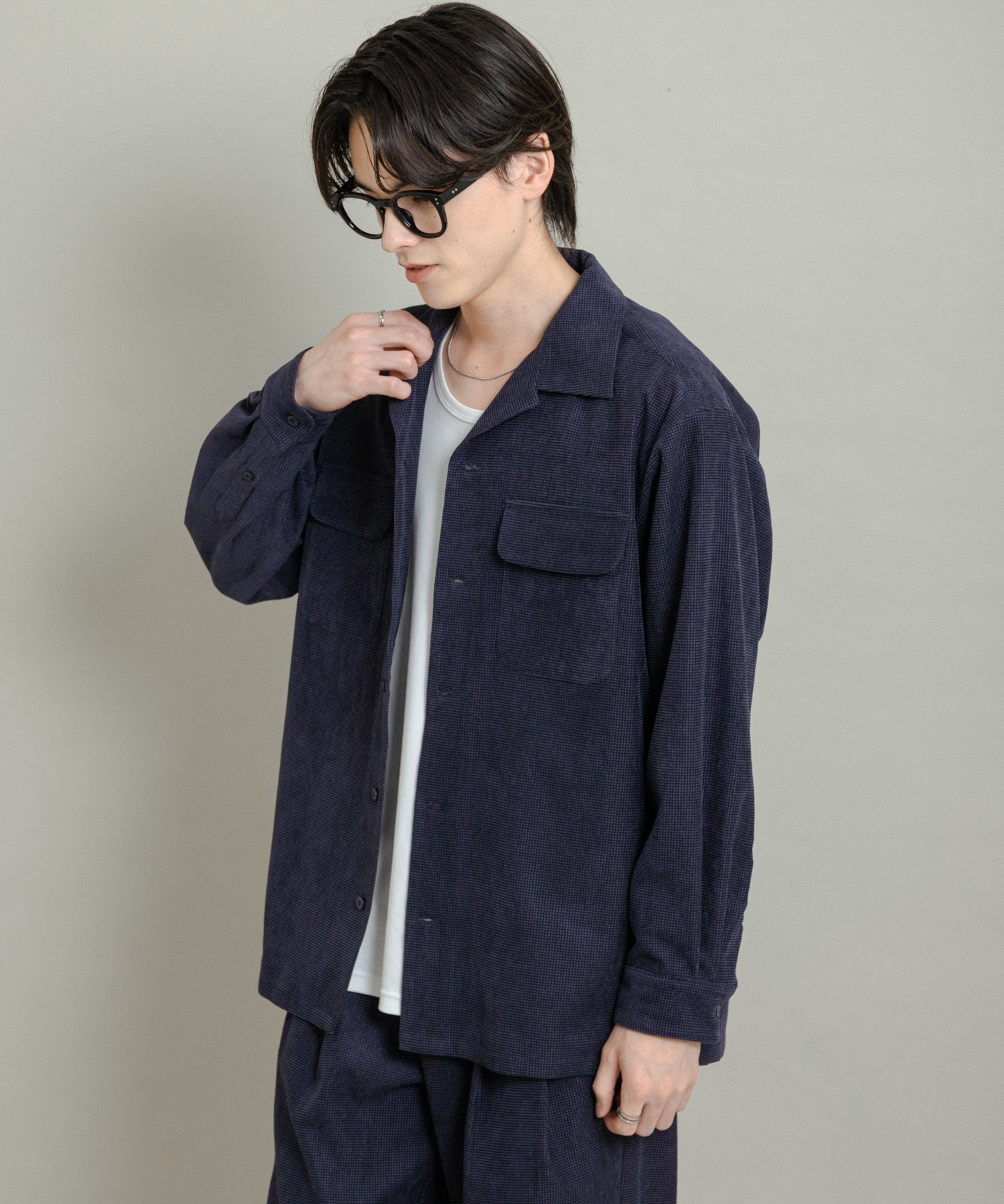 ブロックコーデュロイオープンカラーシャツ NAVY M