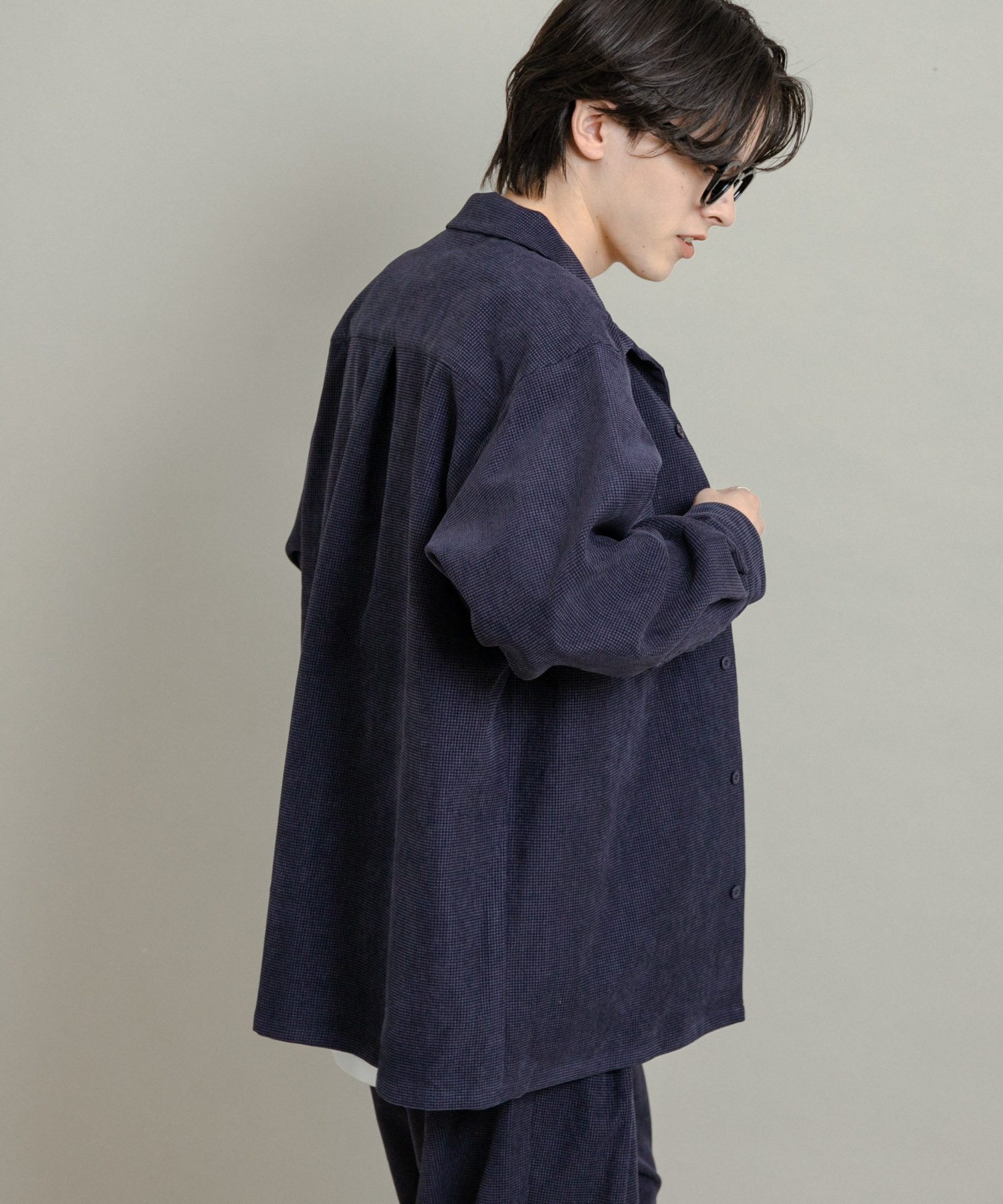 ブロックコーデュロイオープンカラーシャツ NAVY M