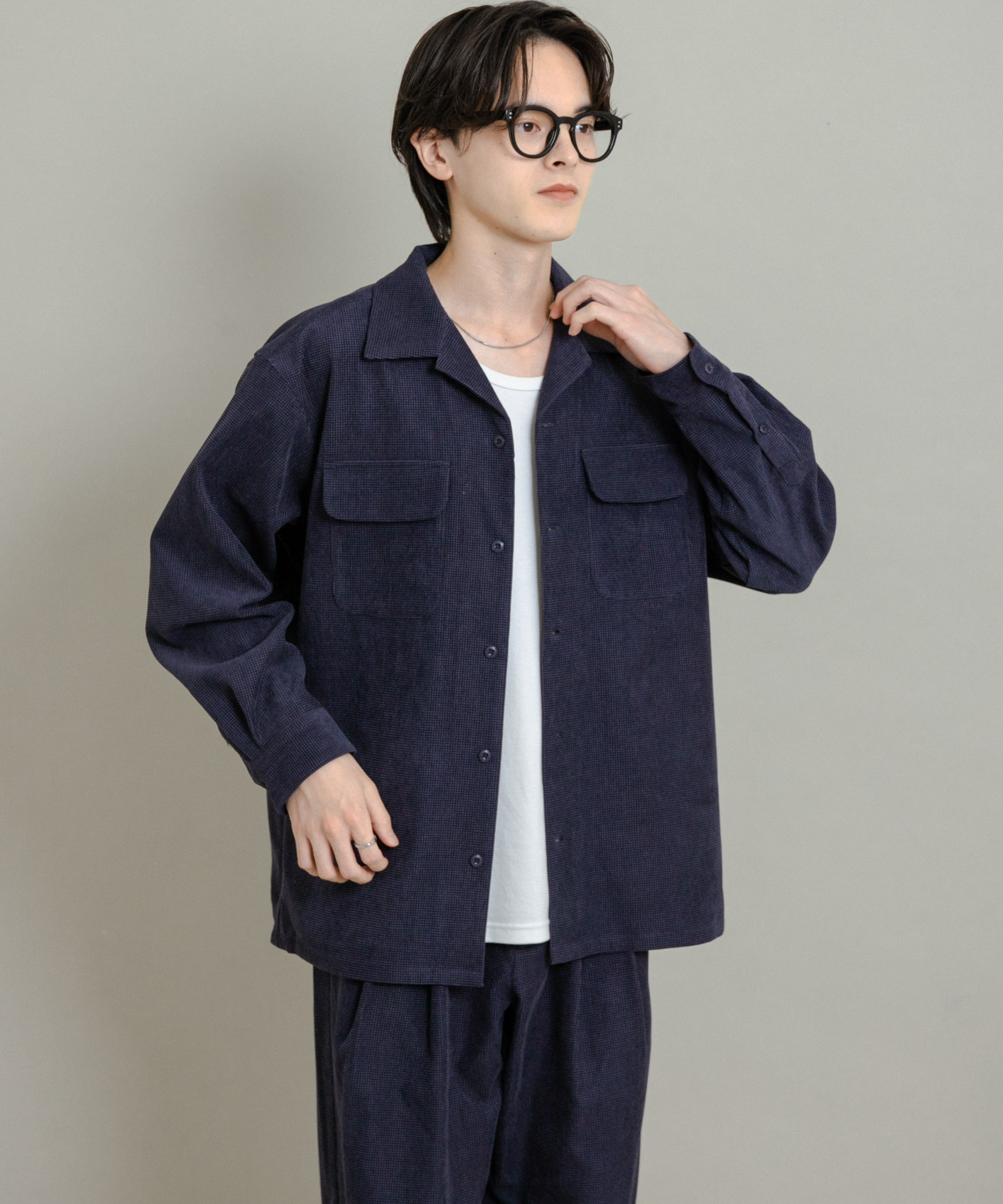 ブロックコーデュロイオープンカラーシャツ NAVY M