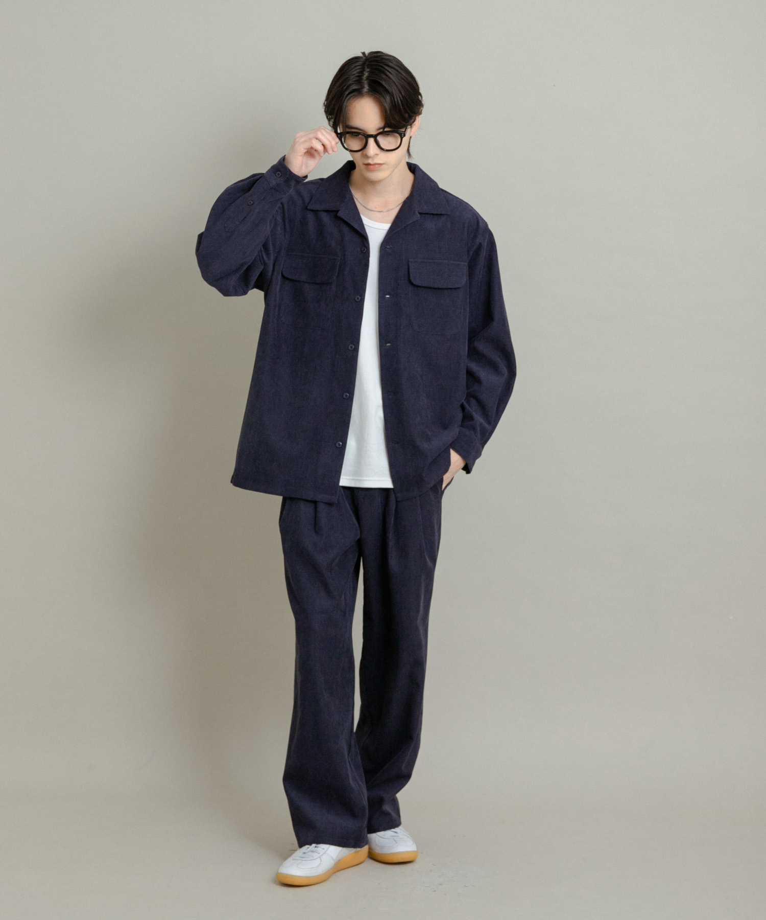 ブロックコーデュロイオープンカラーシャツ NAVY M