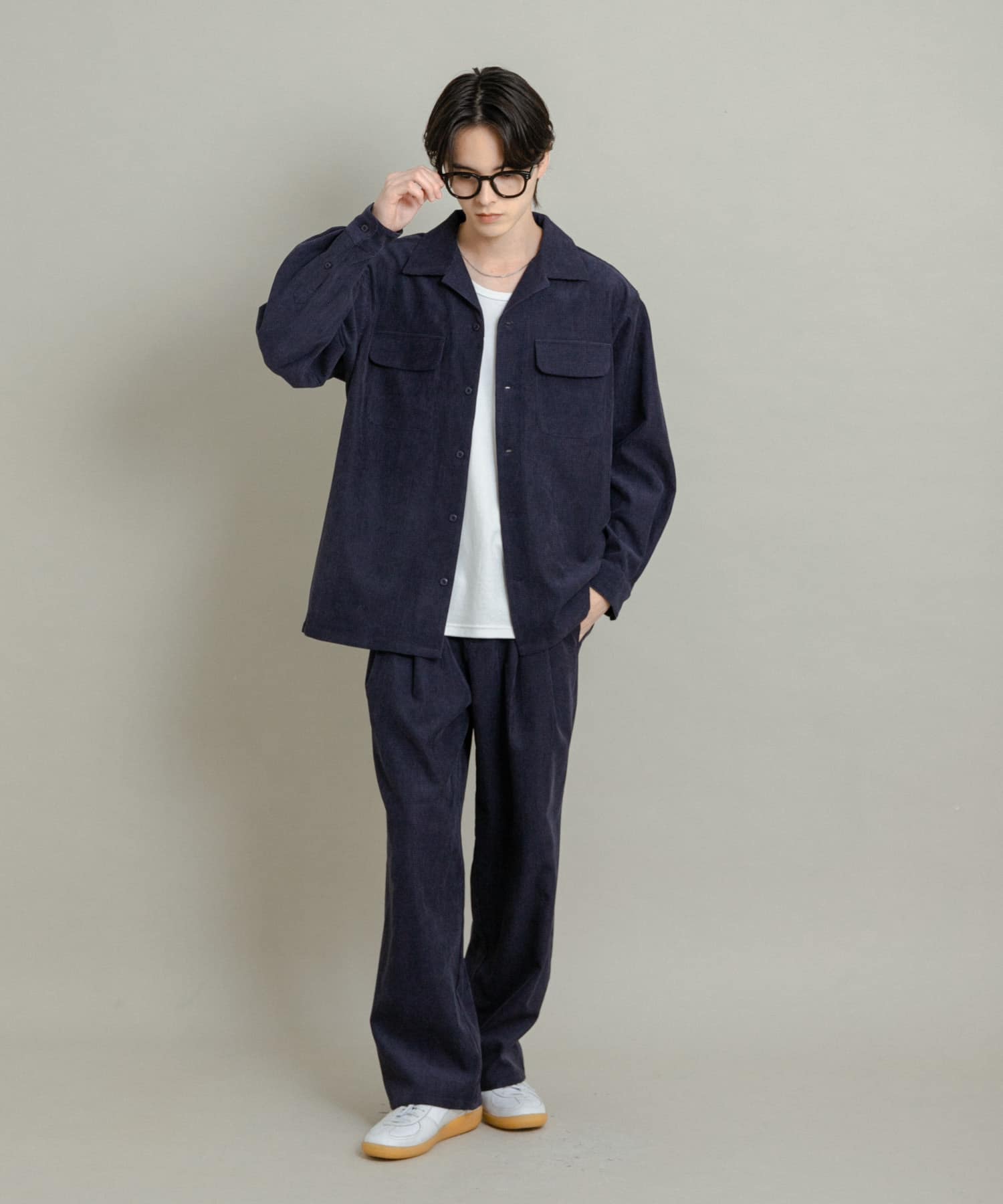ブロックコーデュロイオープンカラーシャツ NAVY M