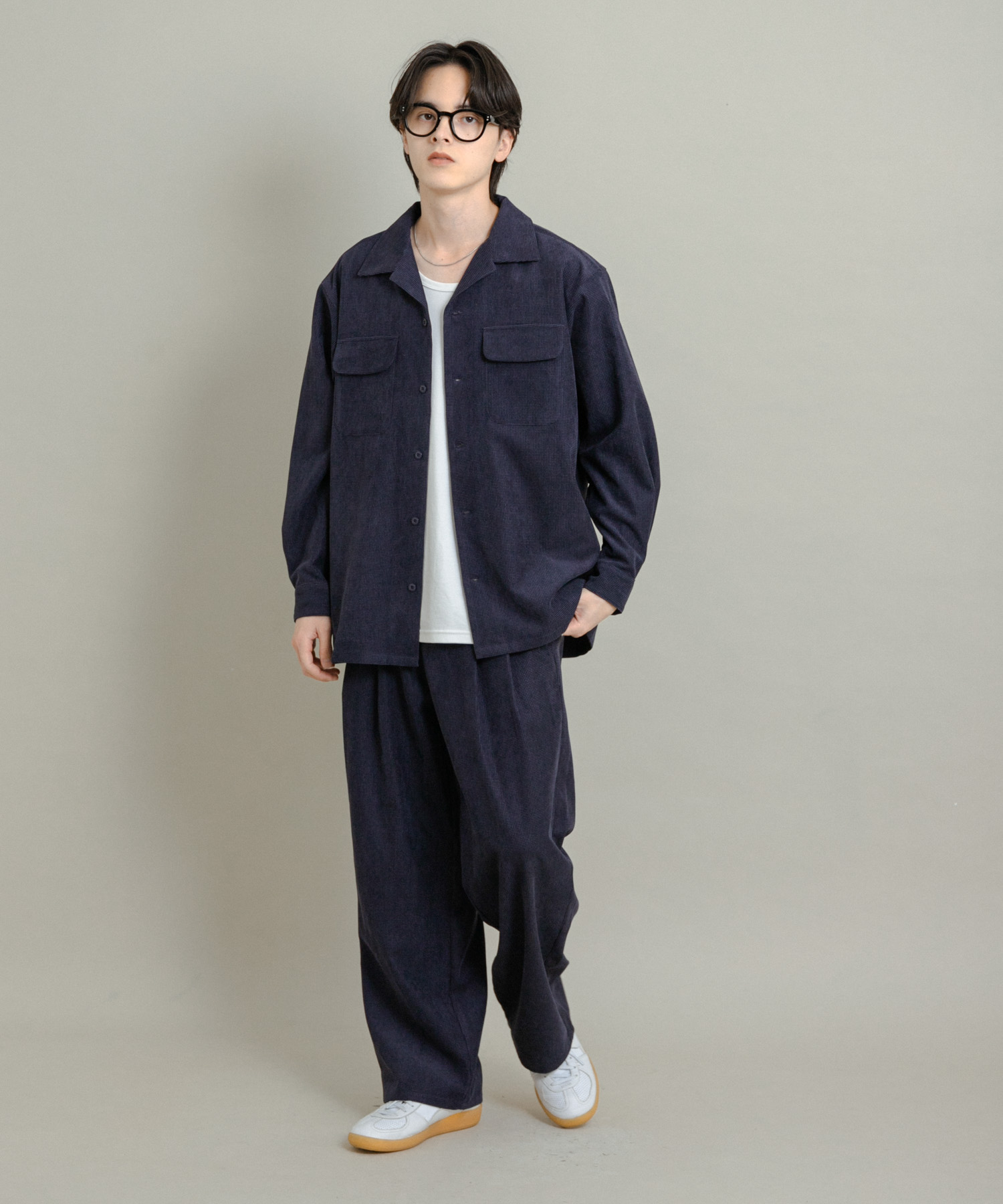 ブロックコーデュロイオープンカラーシャツ NAVY M