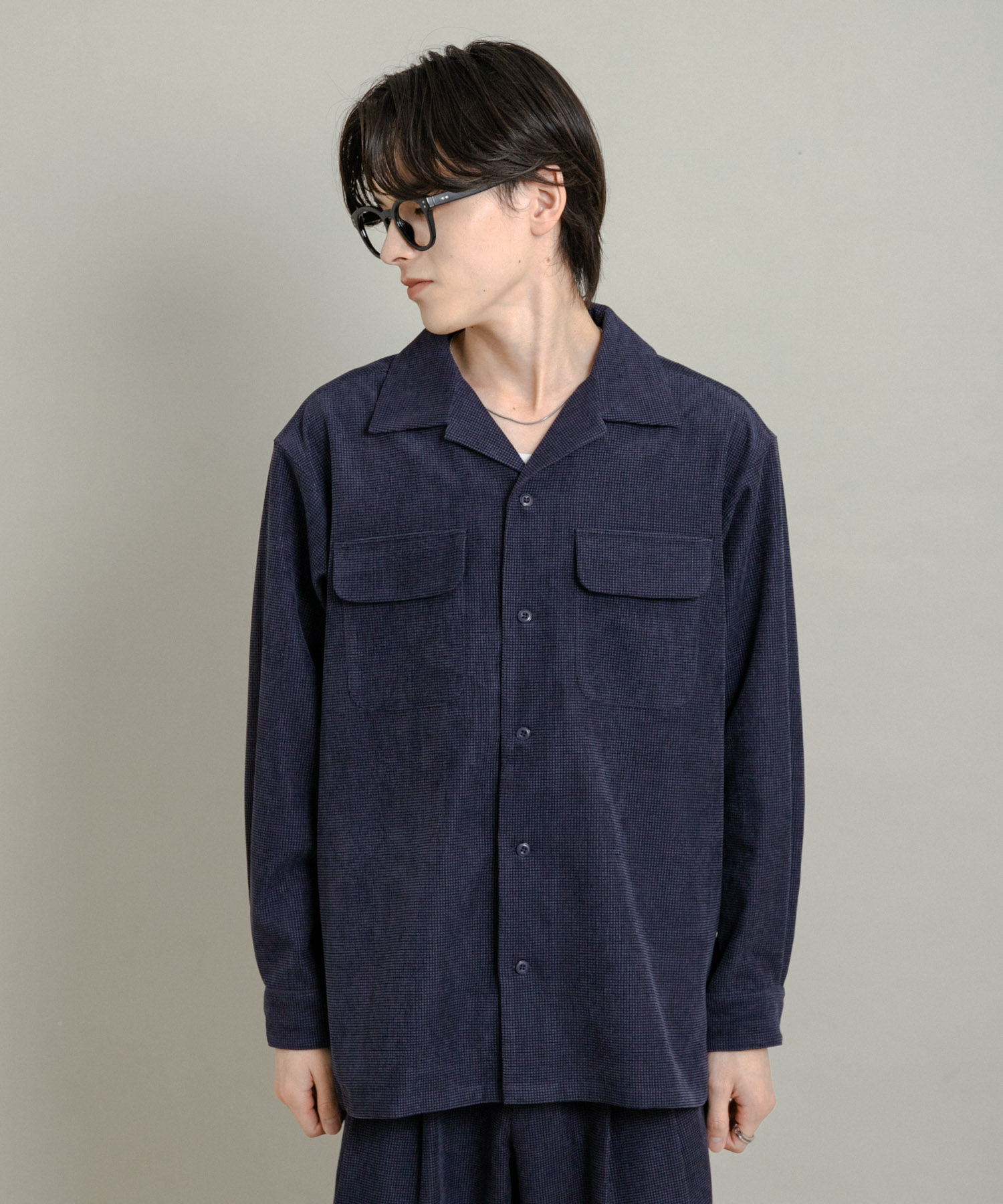 ブロックコーデュロイオープンカラーシャツ NAVY M