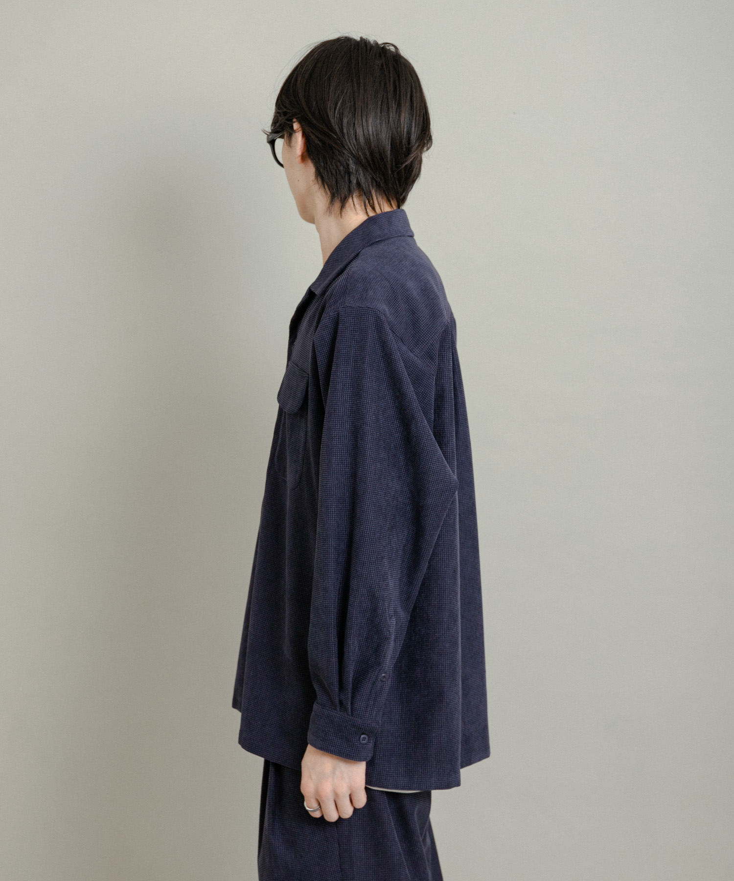 ブロックコーデュロイオープンカラーシャツ NAVY M