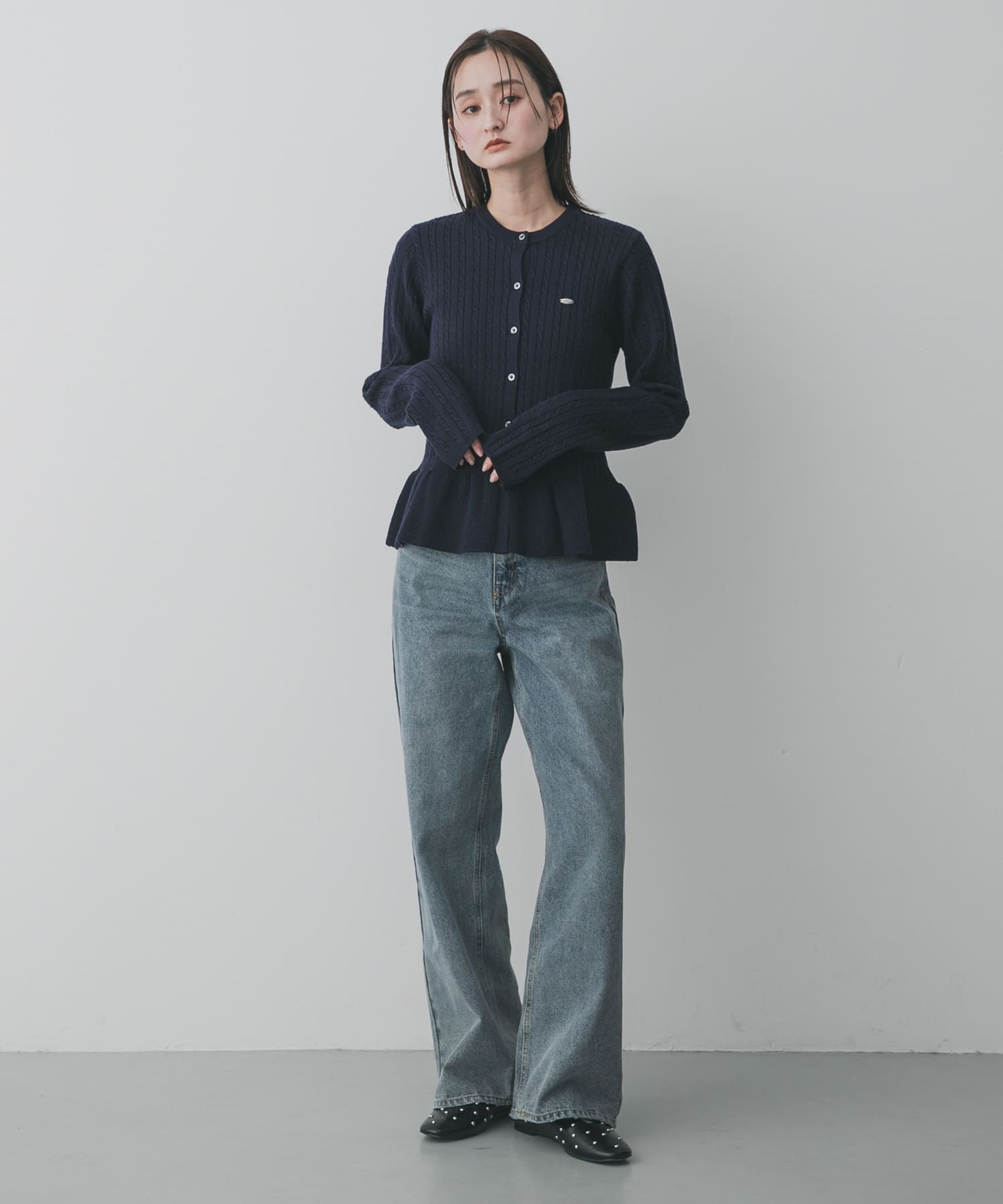 ミニケーブルペプラムセーター NAVY One