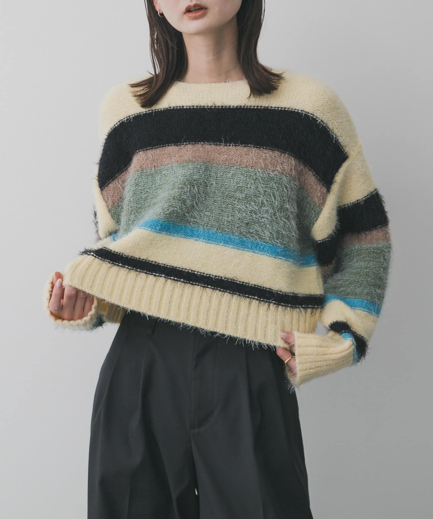 『洗濯可』シャギーハイショクボーダーニット