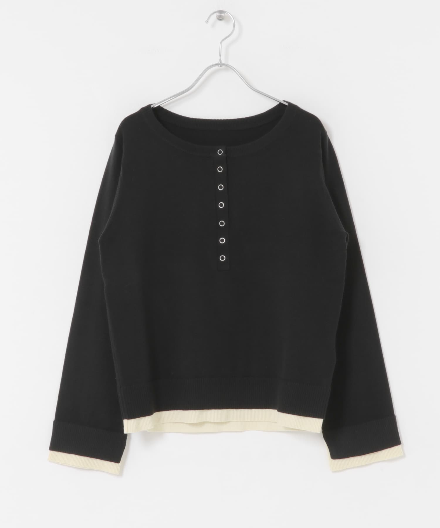 ヘンリーネックレイヤードセーター BLK×IVO One