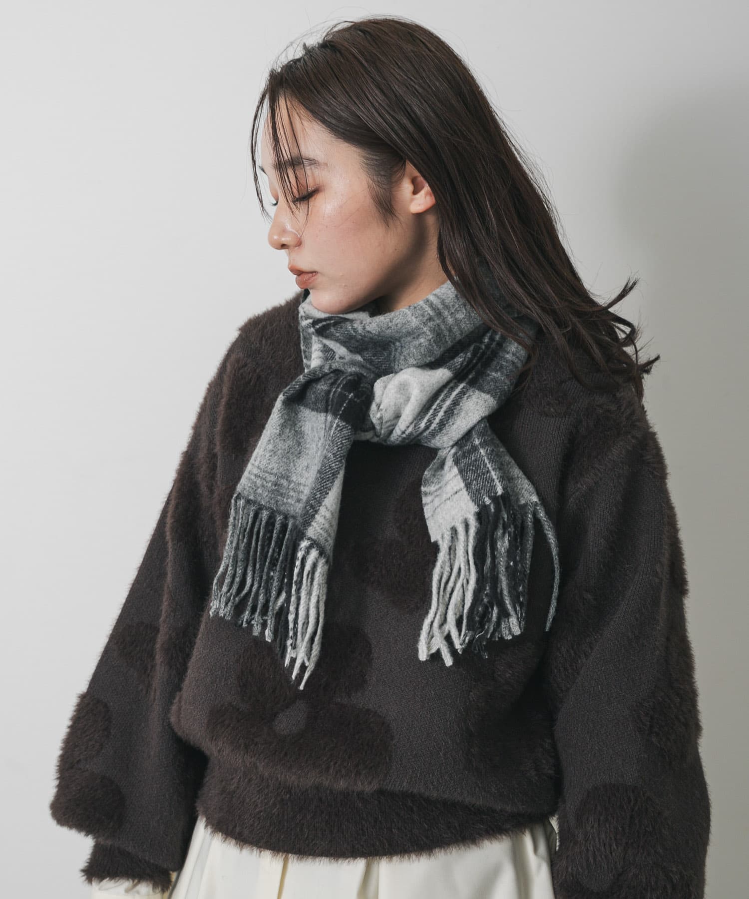 チェックフリンジストール BLK×GRY One
