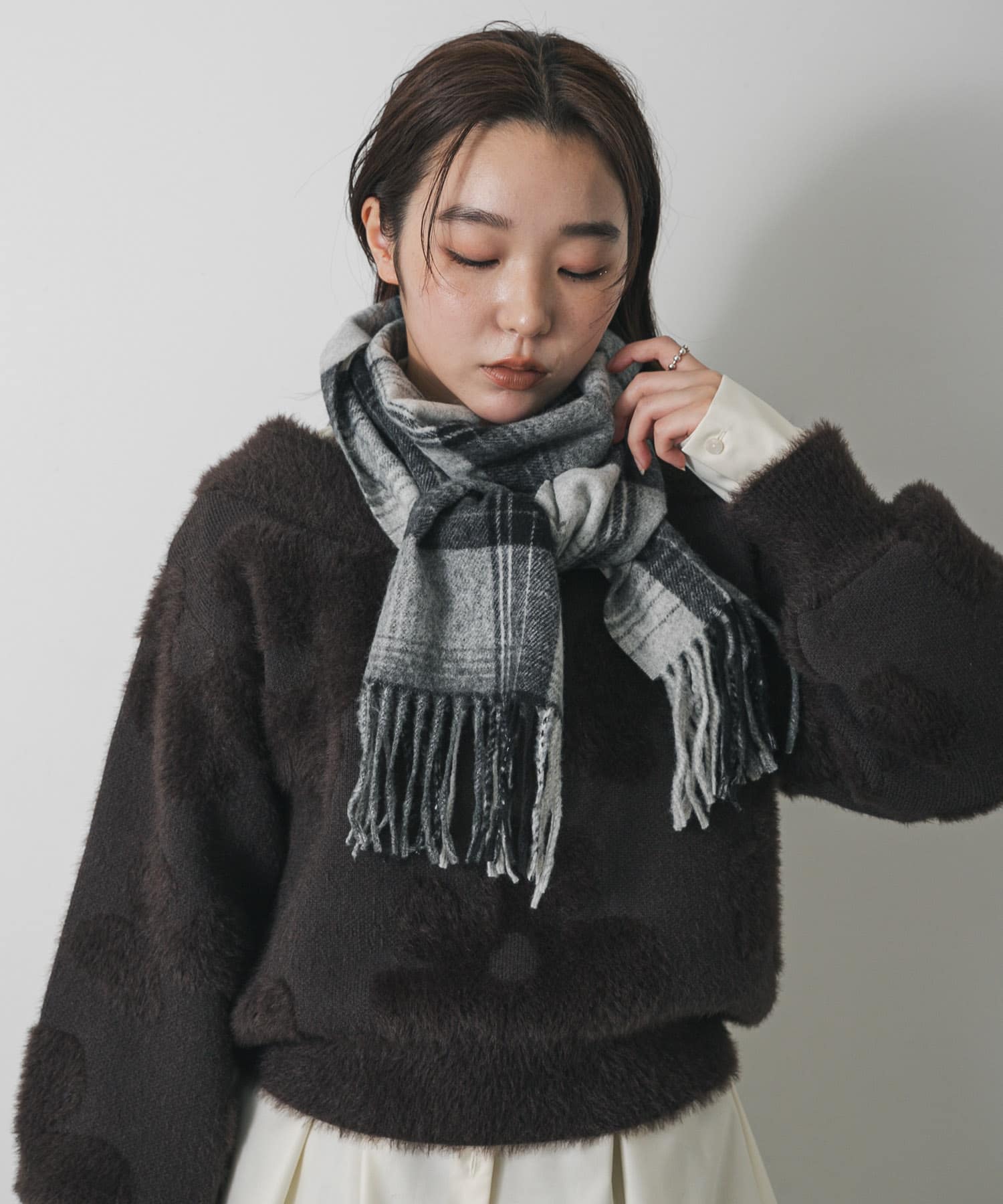 チェックフリンジストール BLK×GRY One