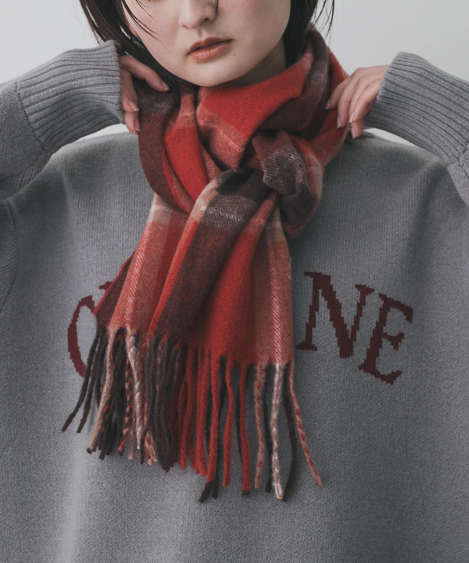 チェックフリンジストール RED×BRN One