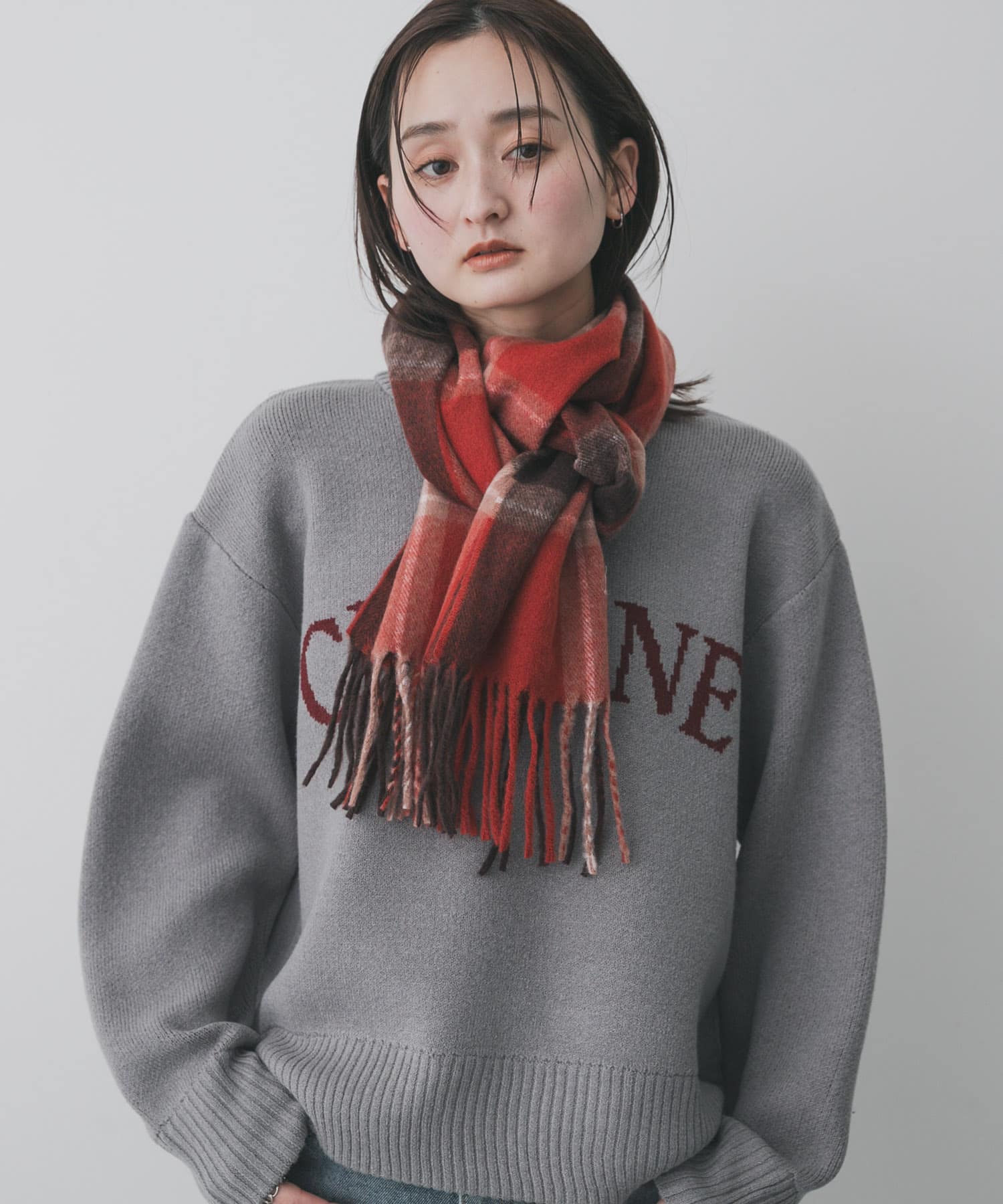 チェックフリンジストール RED×BRN One