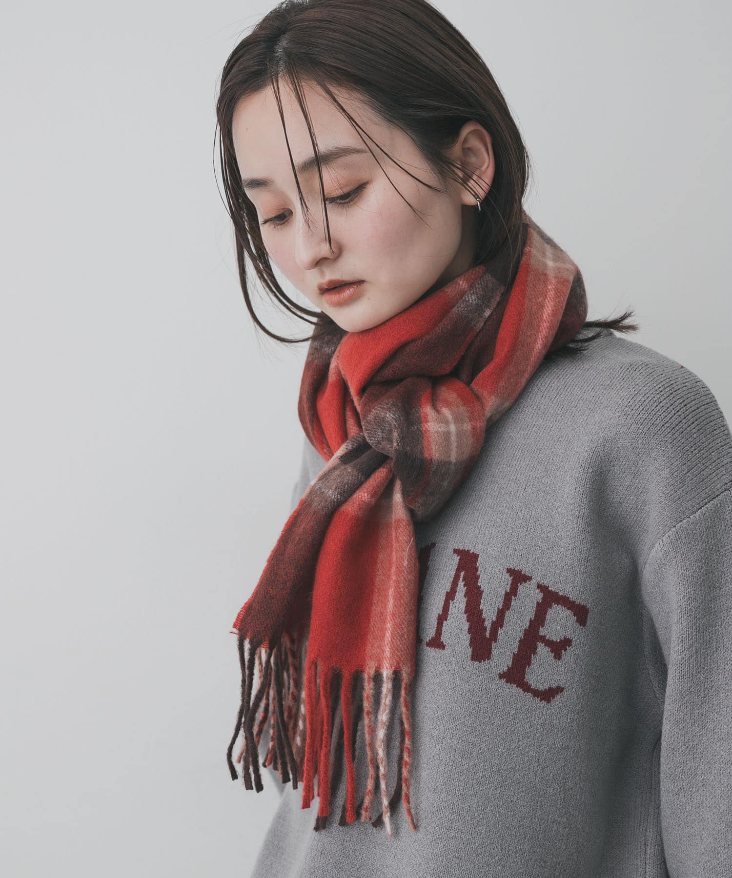 チェックフリンジストール RED×BRN One