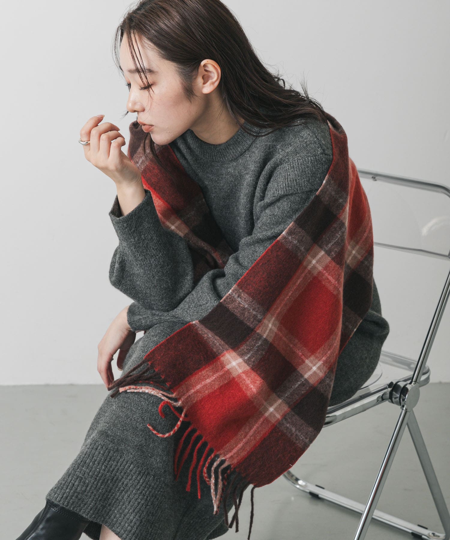 チェックフリンジストール RED×BRN One
