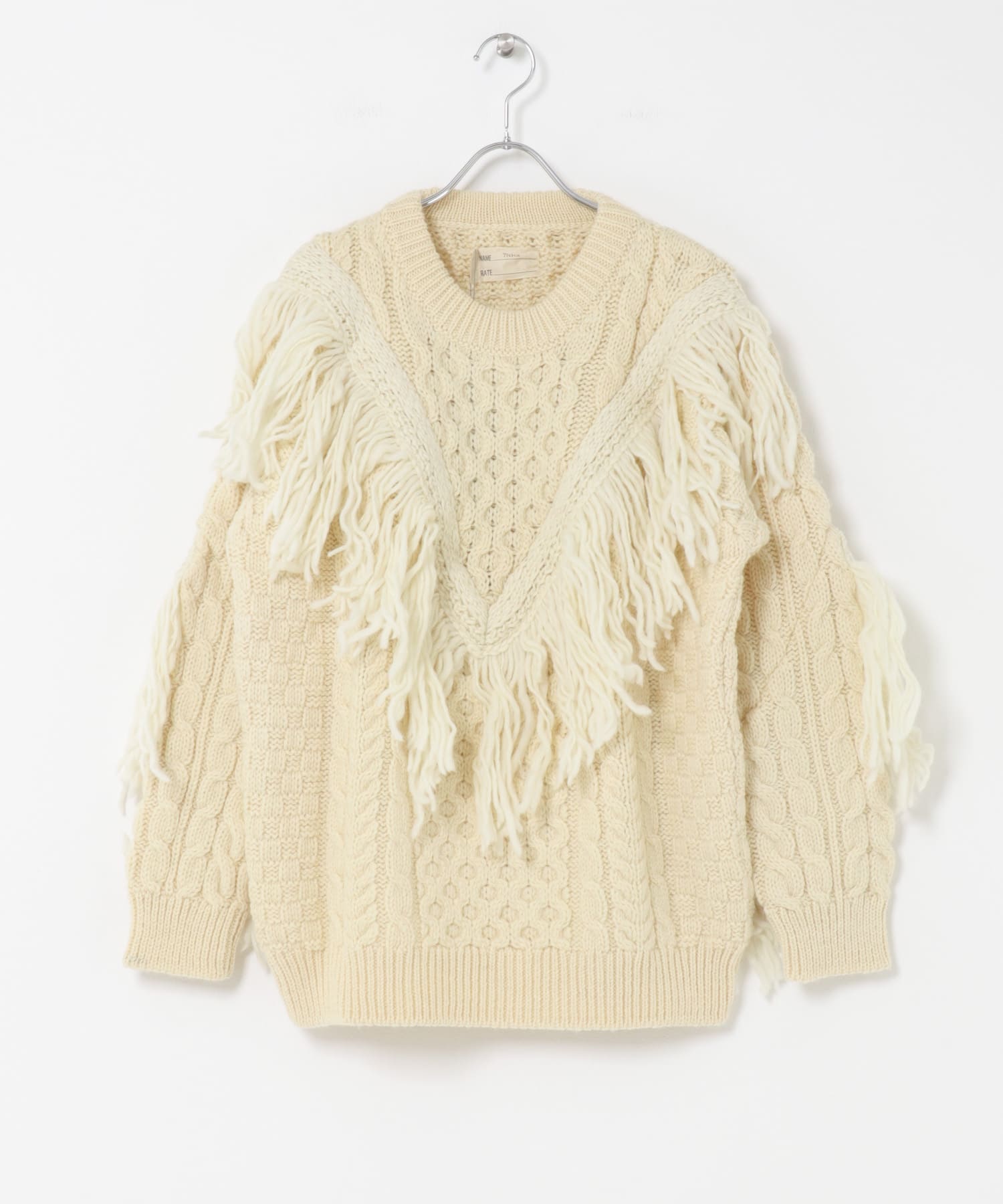 77circa　make v shape fringe fisherman sweater off white2 one