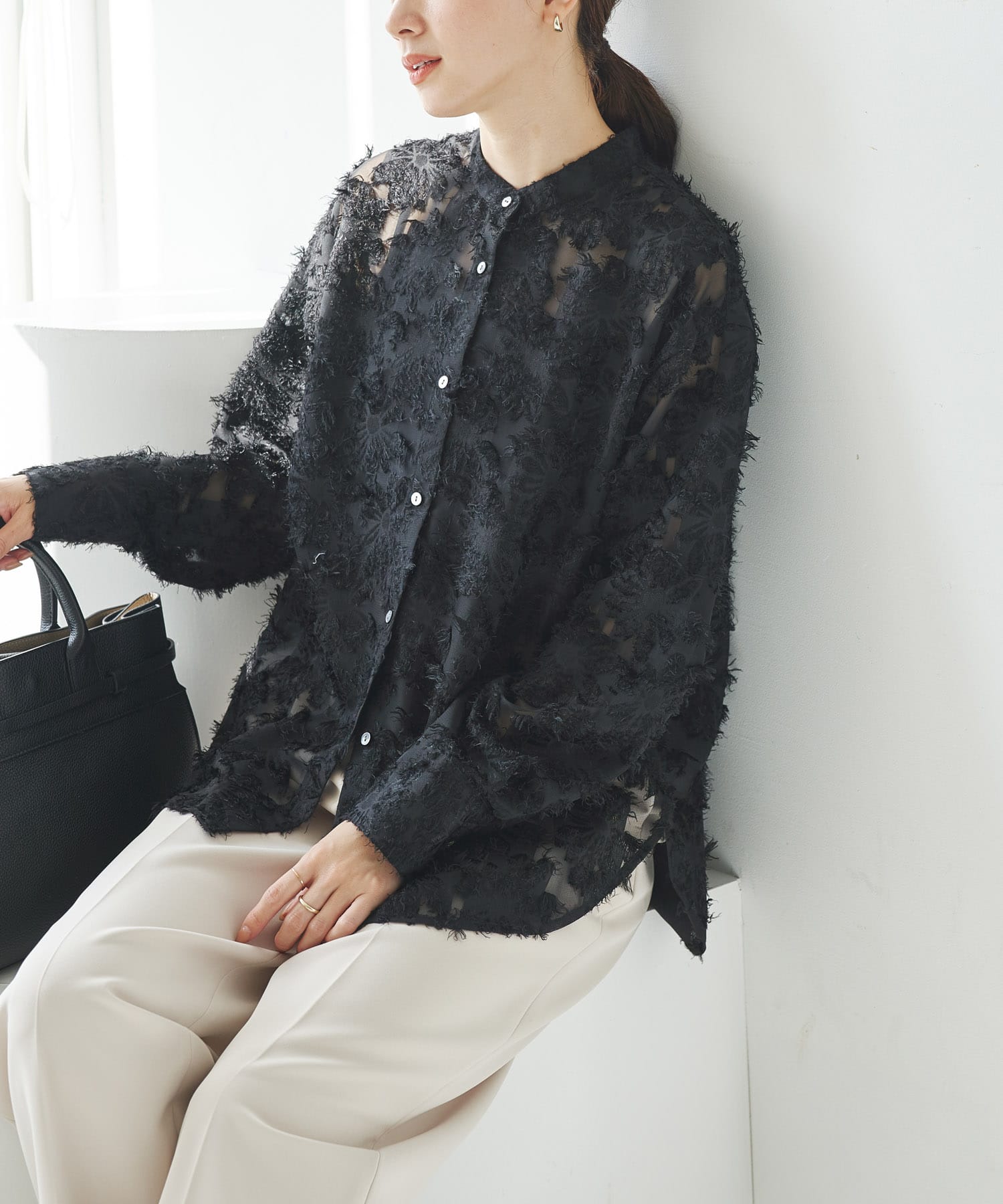 カットジャガードシャツ ブラック URBAN RESEARCH カットジャガードバンドカラーシャツ(Free OFF WHITE): トップス