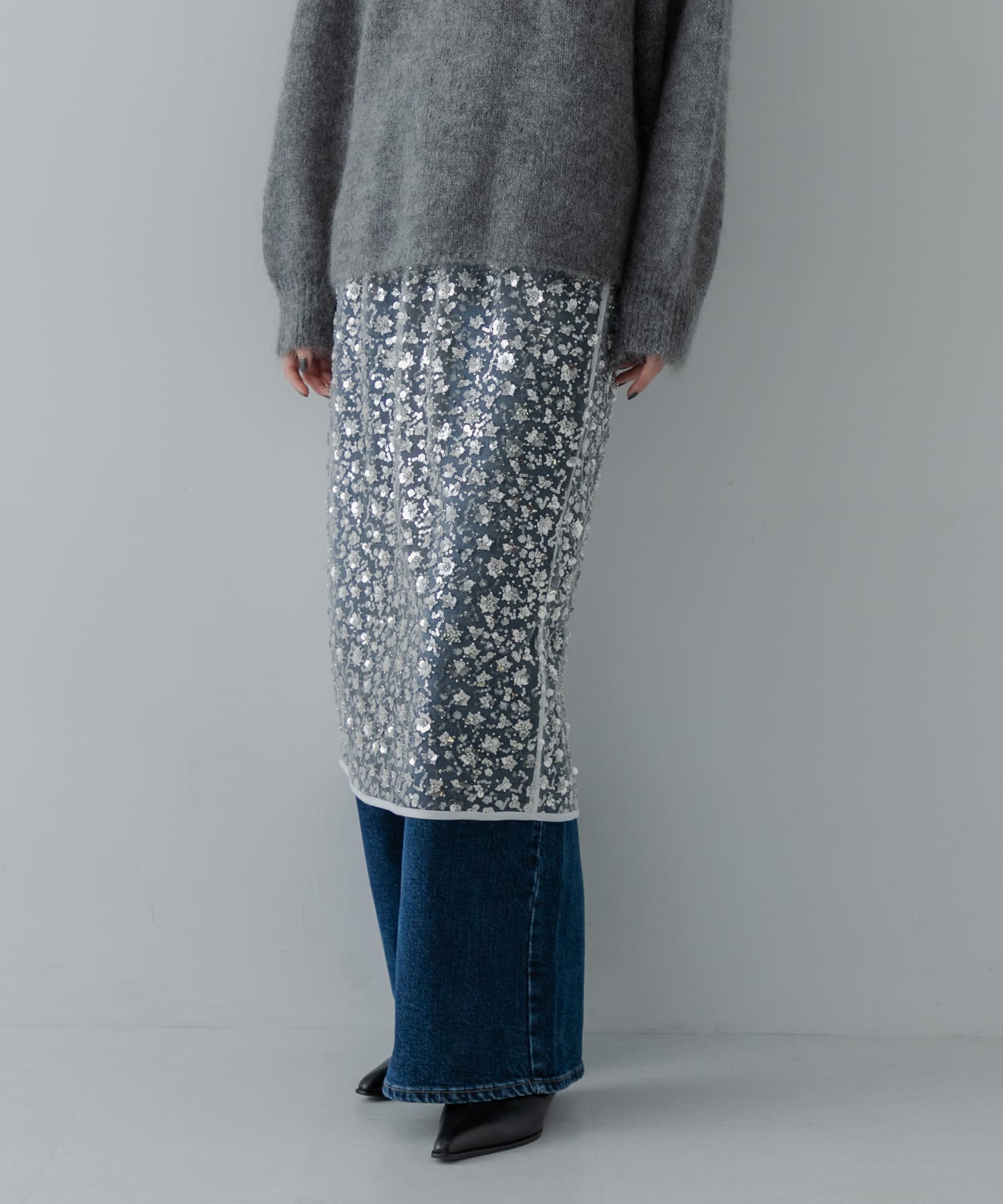 スパンコールチュールレイヤードスカート