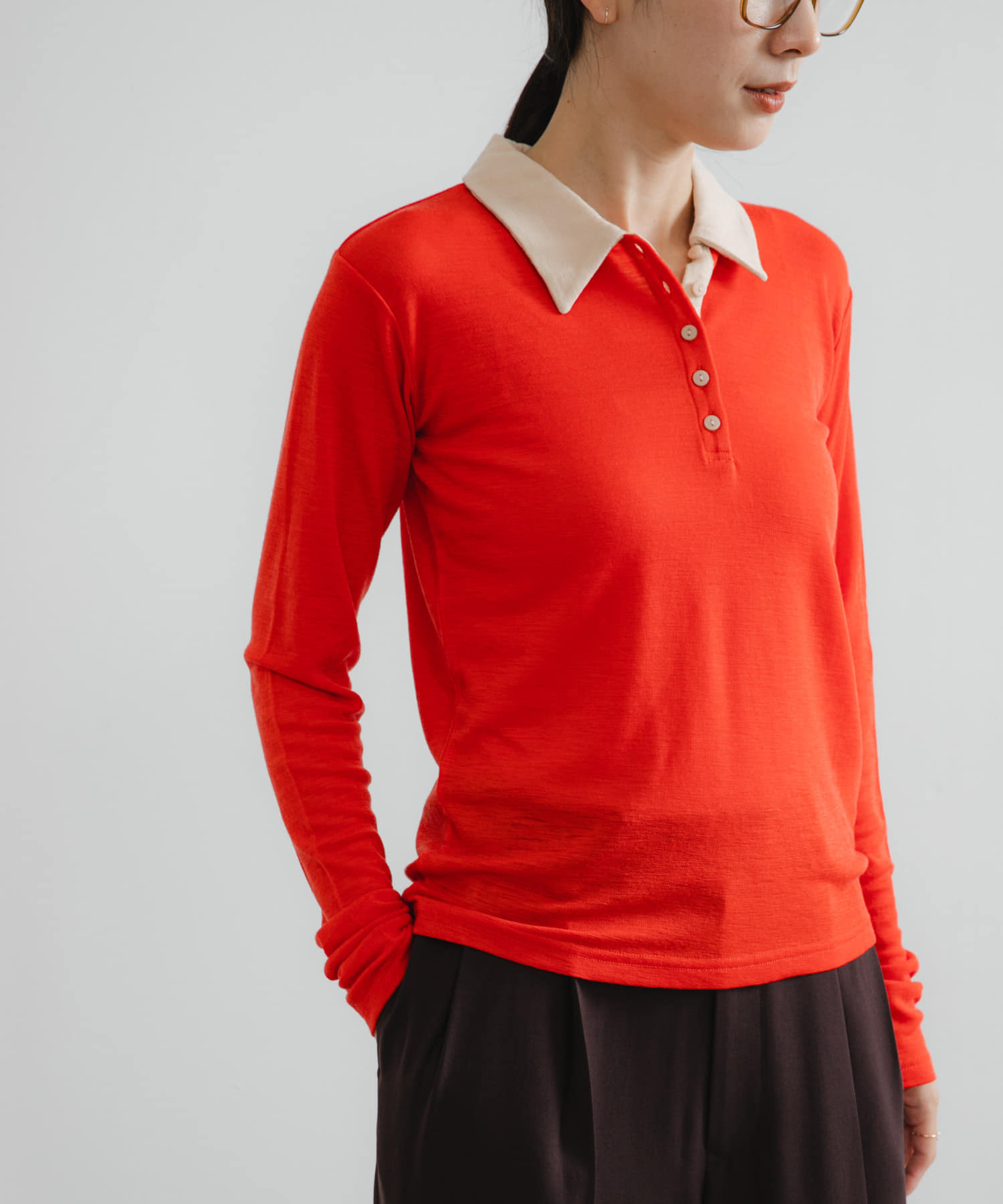 ウールジャージーポロ衿トップス