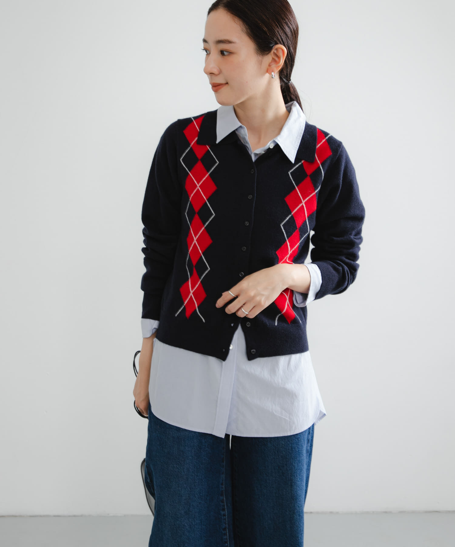 アーガイルシャツカラーカーディガン NAVY Free