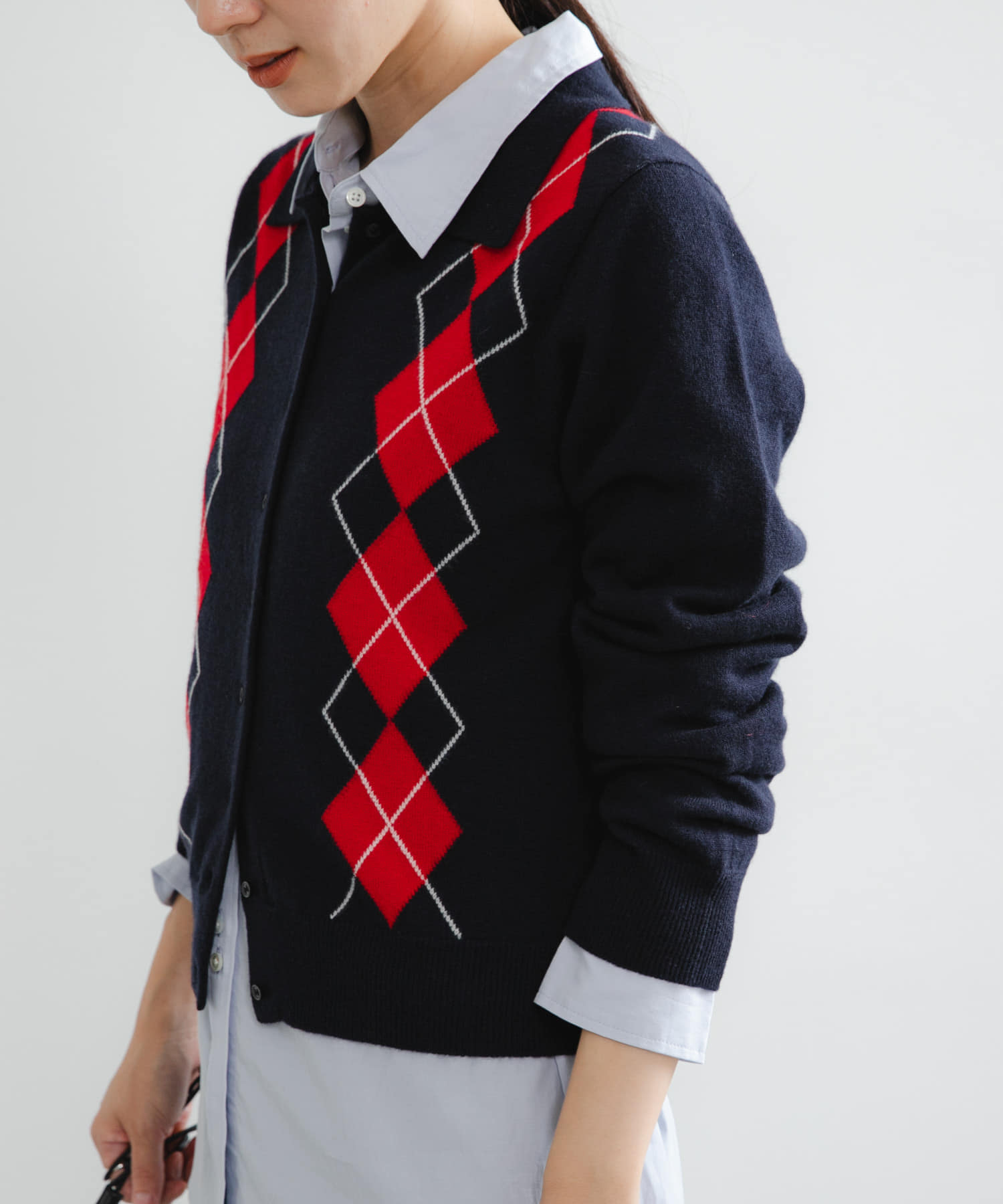アーガイルシャツカラーカーディガン NAVY Free