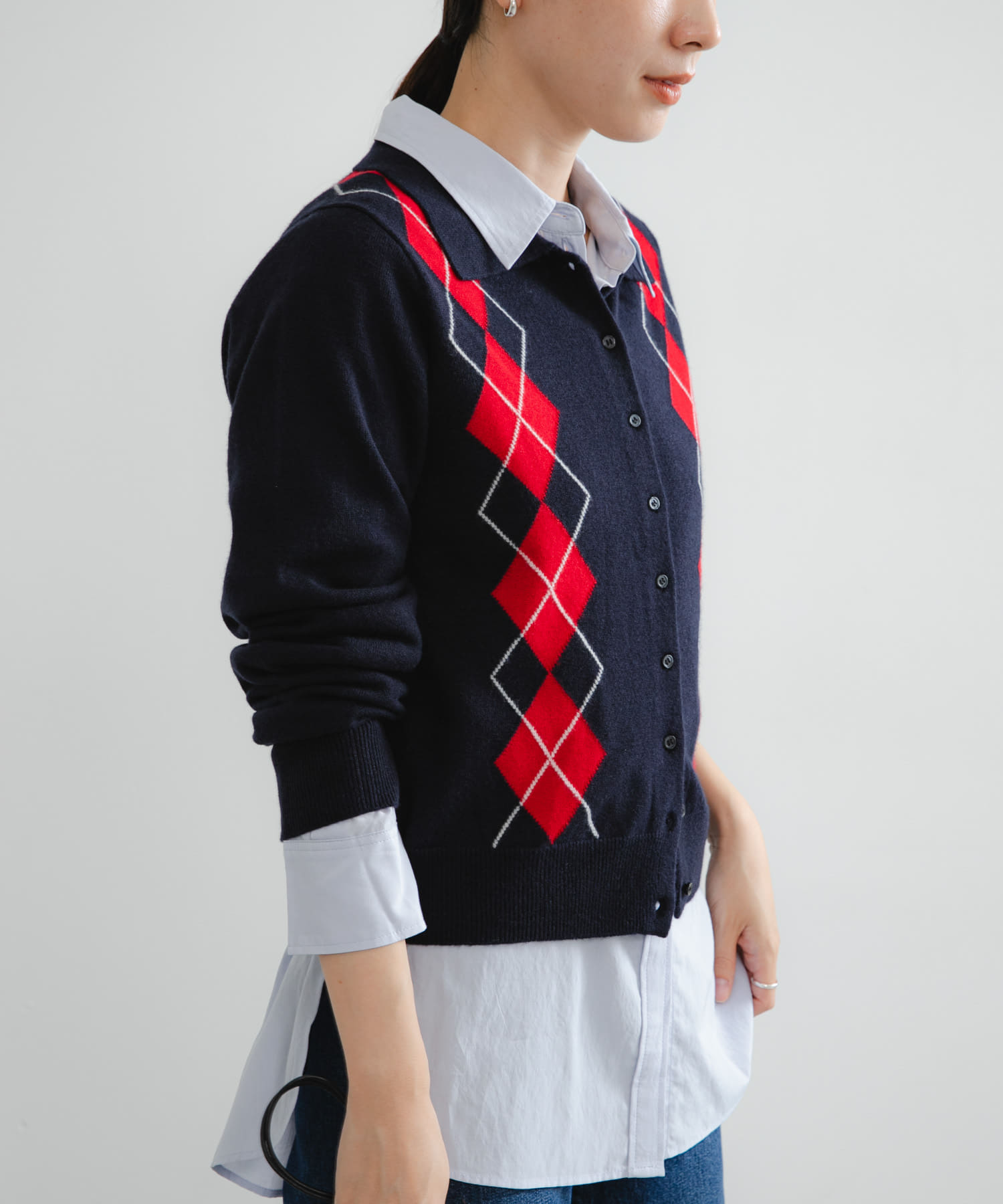 アーガイルシャツカラーカーディガン NAVY Free