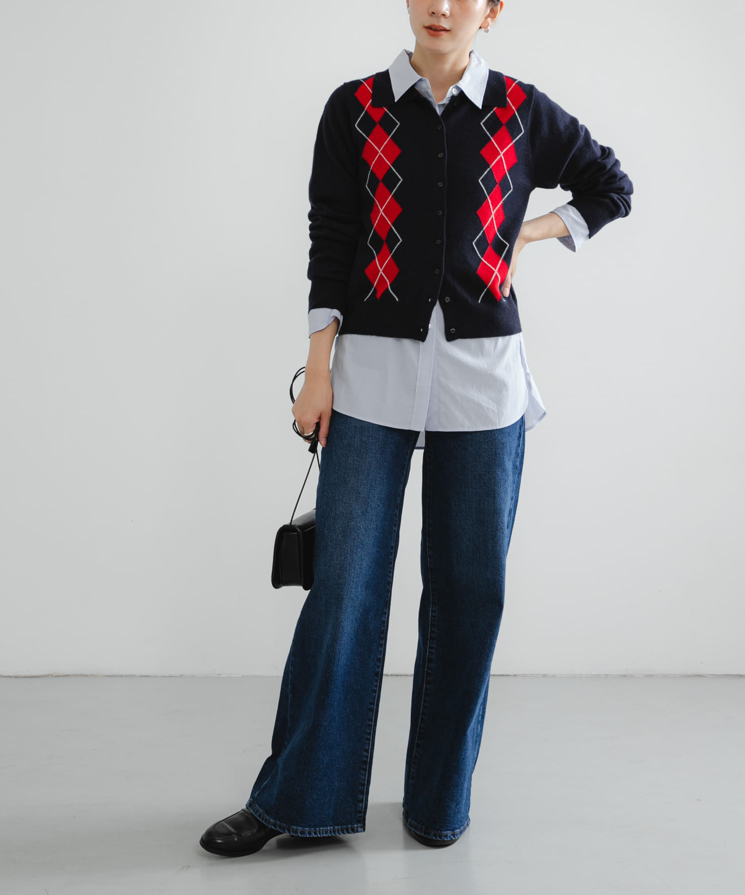 アーガイルシャツカラーカーディガン NAVY Free