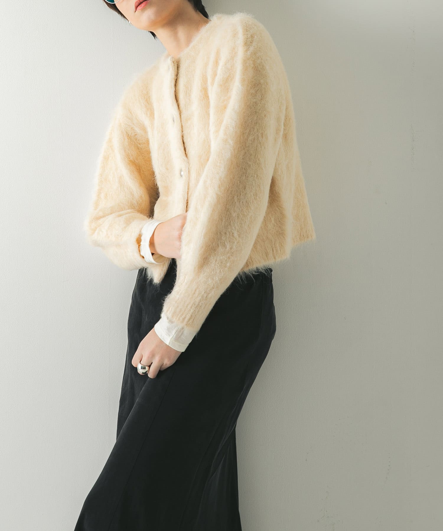 UNUSED Richardson モヘア混 カーディガン サイズS ホワイト ZIP FIVE -White Line- カーディガン 「White Line