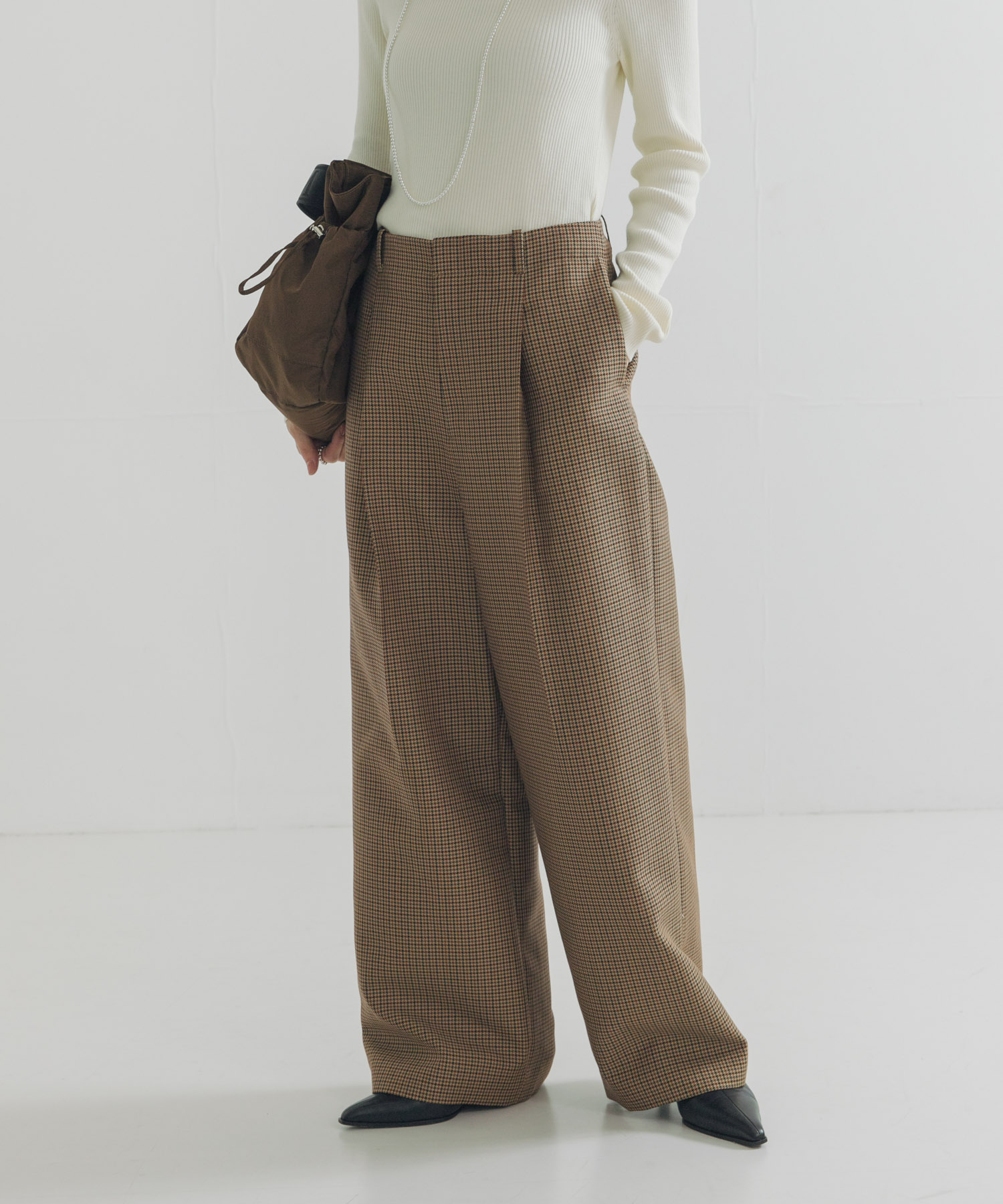 ウールブレンドチェックワイドパンツ